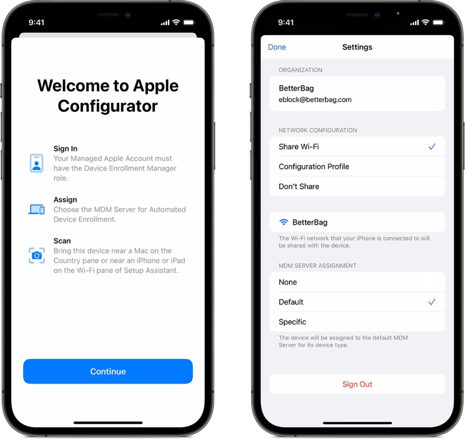 Screenshots of an iPhone displaying the Apple Configurator app's setup and settings screens, including sign-in, device management, and Wi-Fi configuration.