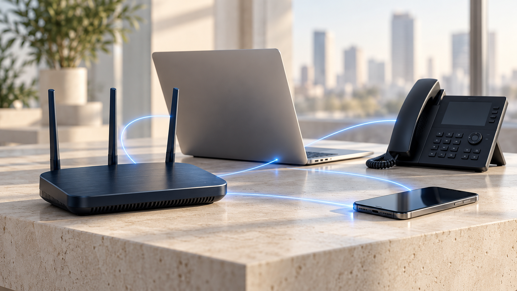 Router, laptop, business VoIP phone, and smartphone connected for small business IT