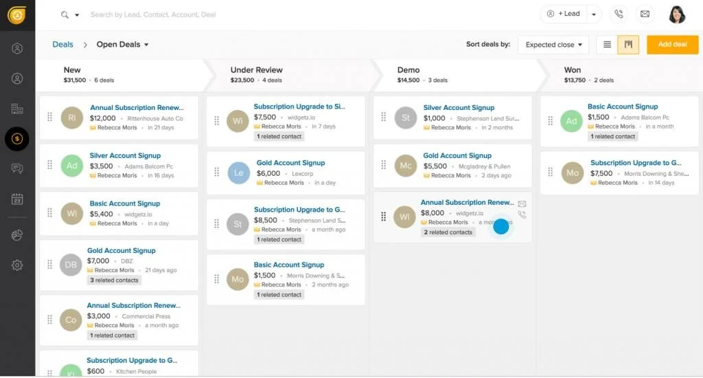 Screenshot of a CRM sales dashboard showing deals categorized as New, Under Review, Demo, and Won, with various deal details and contacts.