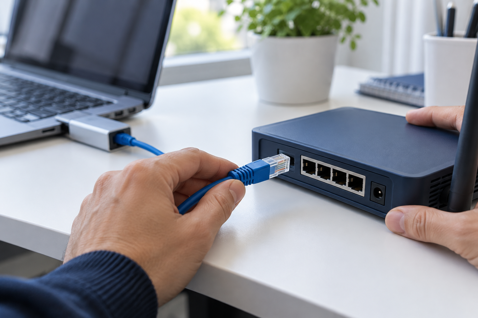 Hands checking an Ethernet cable connection on a router beside a laptop and USB Ethernet adapter