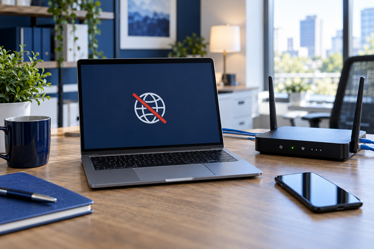 Laptop with a no-internet symbol beside a wireless router and phone in a small business office