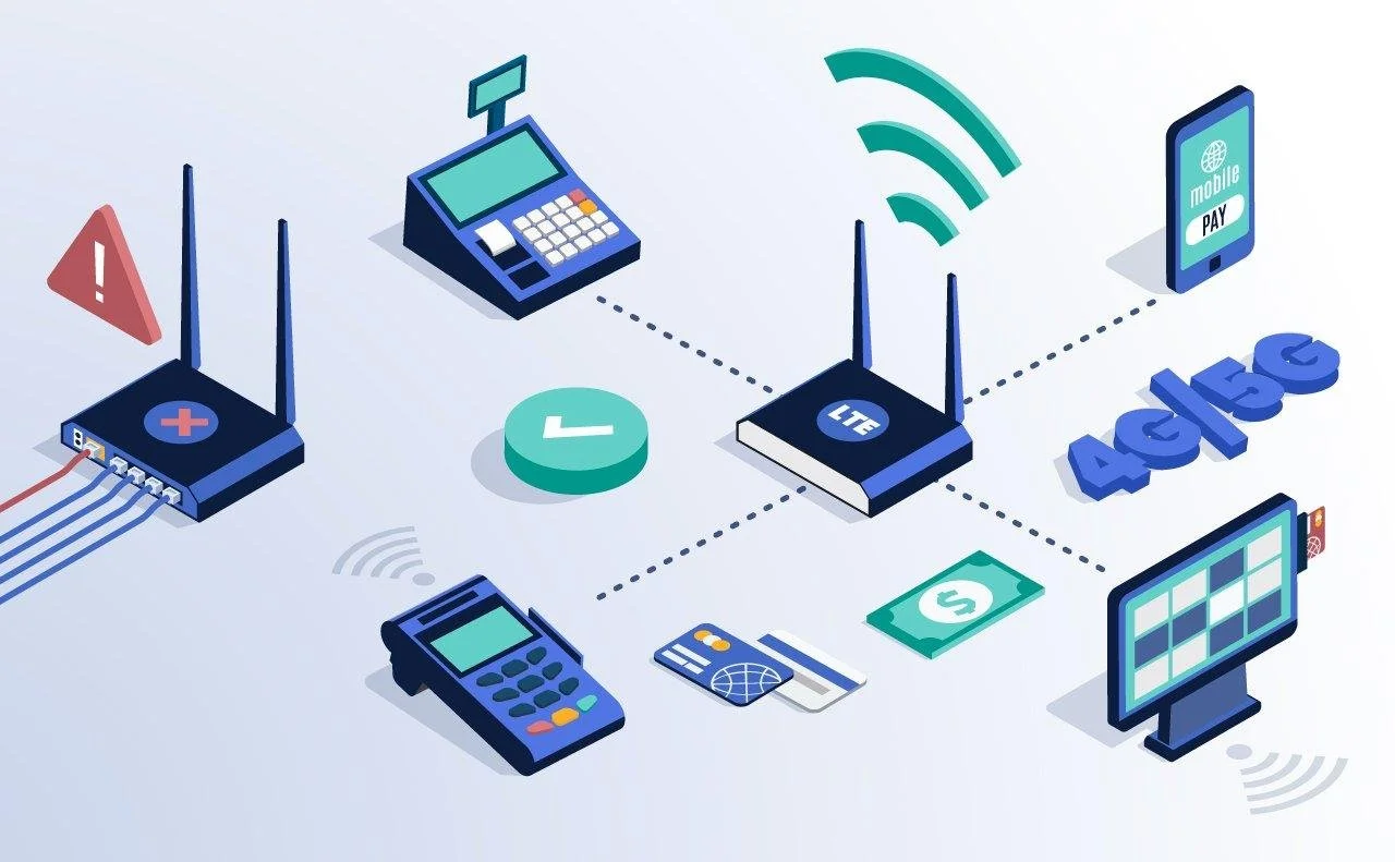Illustration of a mobile payment system with a point of sale terminal, credit cards, smartphone, cash, calculator, and a computer monitor, connected via wireless signals and a 4G/ LTE network, emphasizing digital transactions and mobile payments.