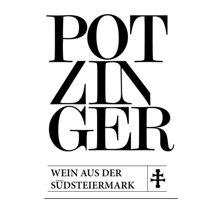 Schwarzes Text auf weißem Hintergrund, der 'Potzinger' in großen Buchstaben zeigt, darunter in kleinerem Text 'Wein aus der Südsteiermark' mit einer kleinen Weinflaschen-Ikone.