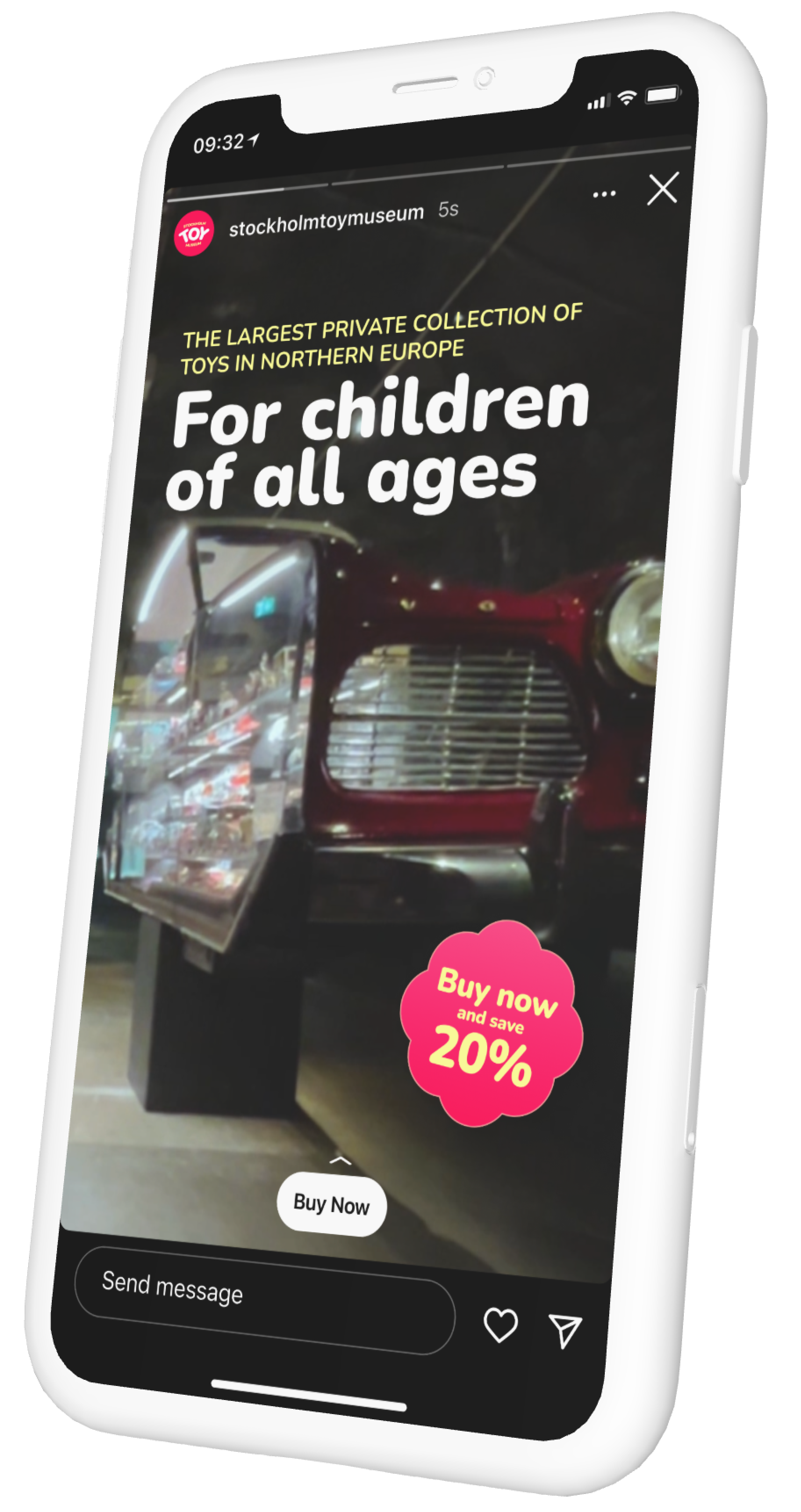 Smartphone displaying Instagram story from Stockholm Toy Museum featuring a vintage car exhibit and promotional text offering a 20% discount.