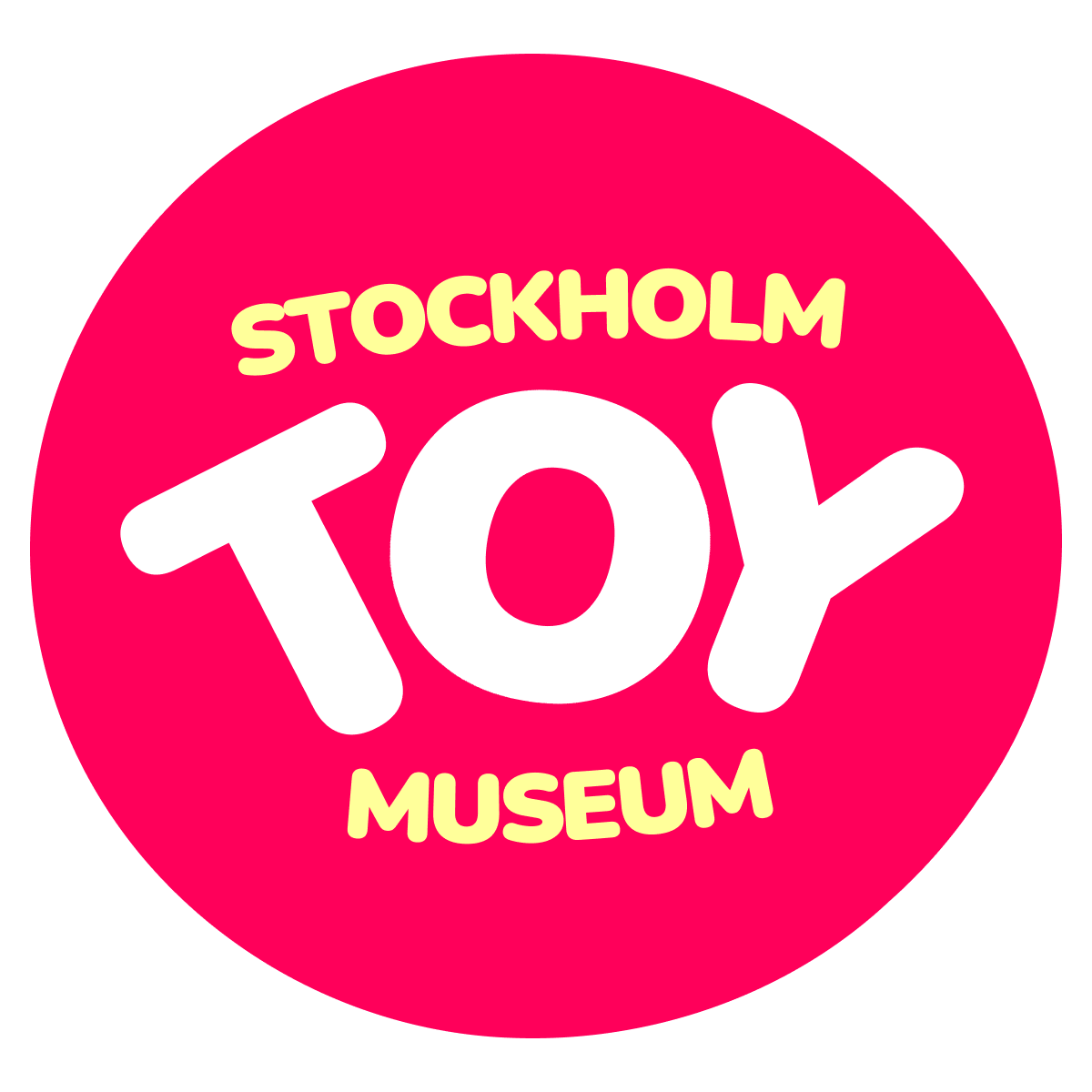 Logo of Stockholm Toy Museum with pink background and white-yellow text.