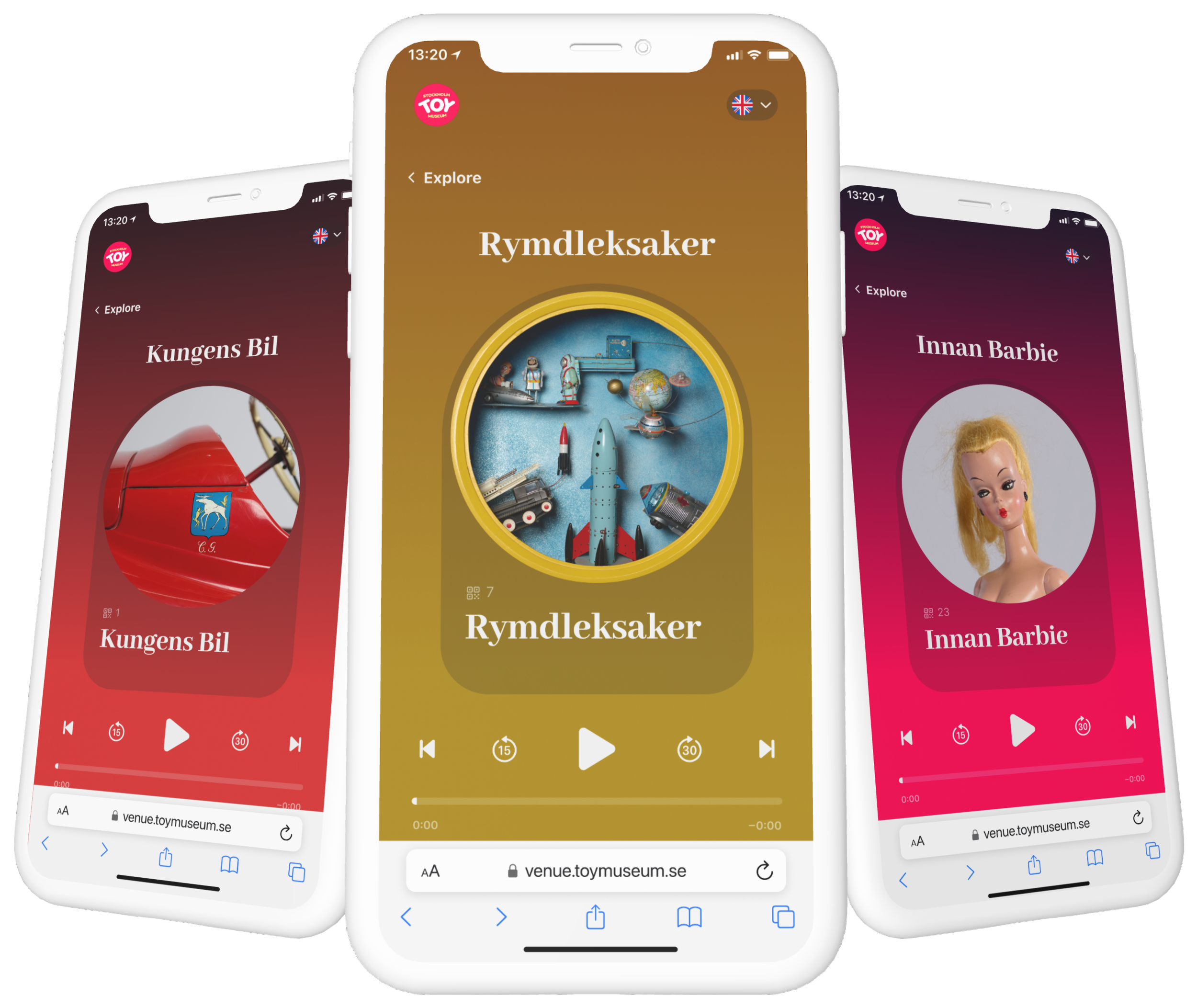 Three mobile devices displaying pages from the Toy Museum website in Swedish, showcasing "Kungens Bil," "Rymdleksaker," and "Innan Barbie." Each features a play button for audio content.