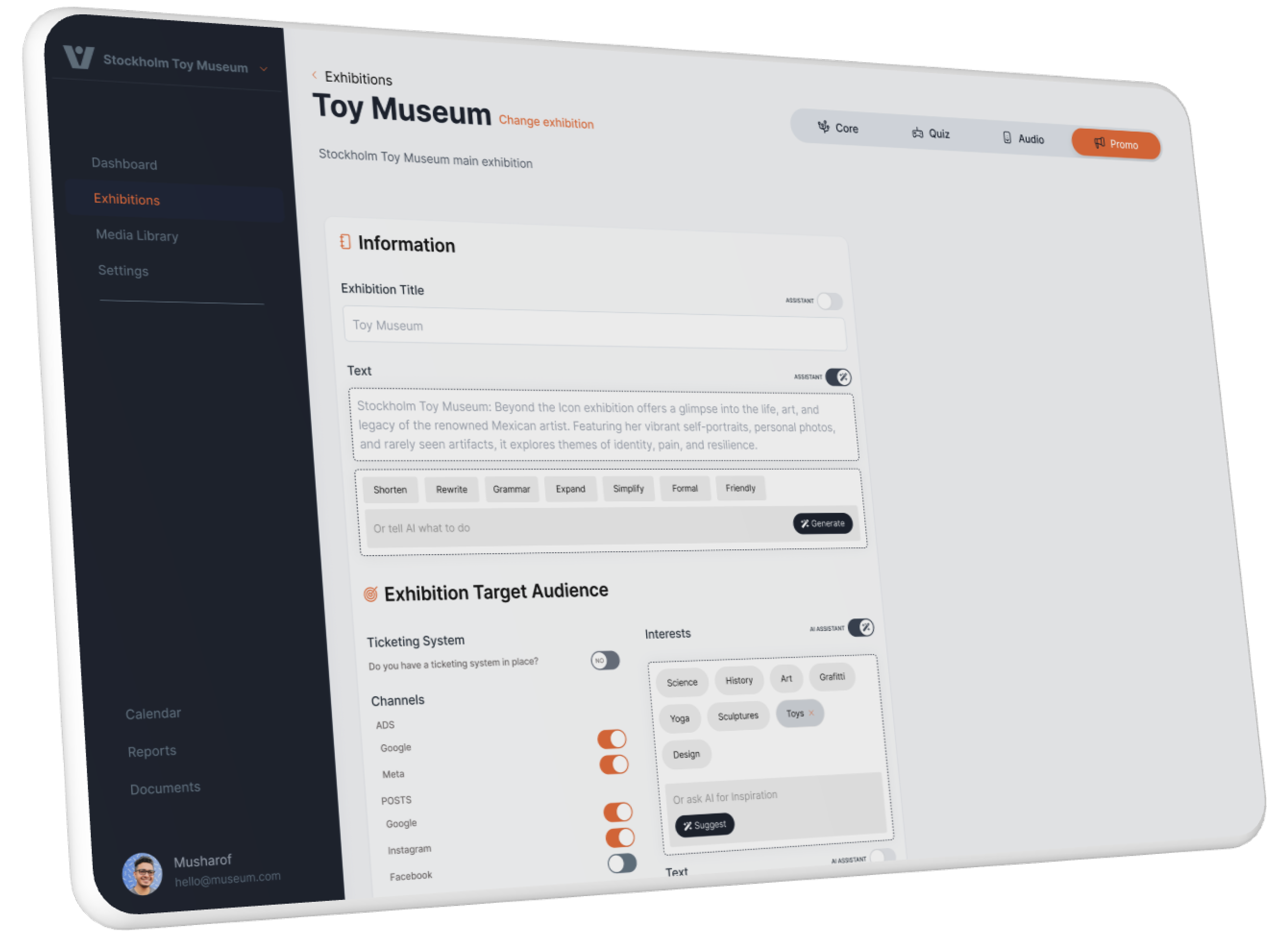 Dashboard interface for managing museum exhibitions, displaying sections for 'Exhibitions', 'Information', 'Exhibition Target Audience', and options for text editing and ticketing system channels.