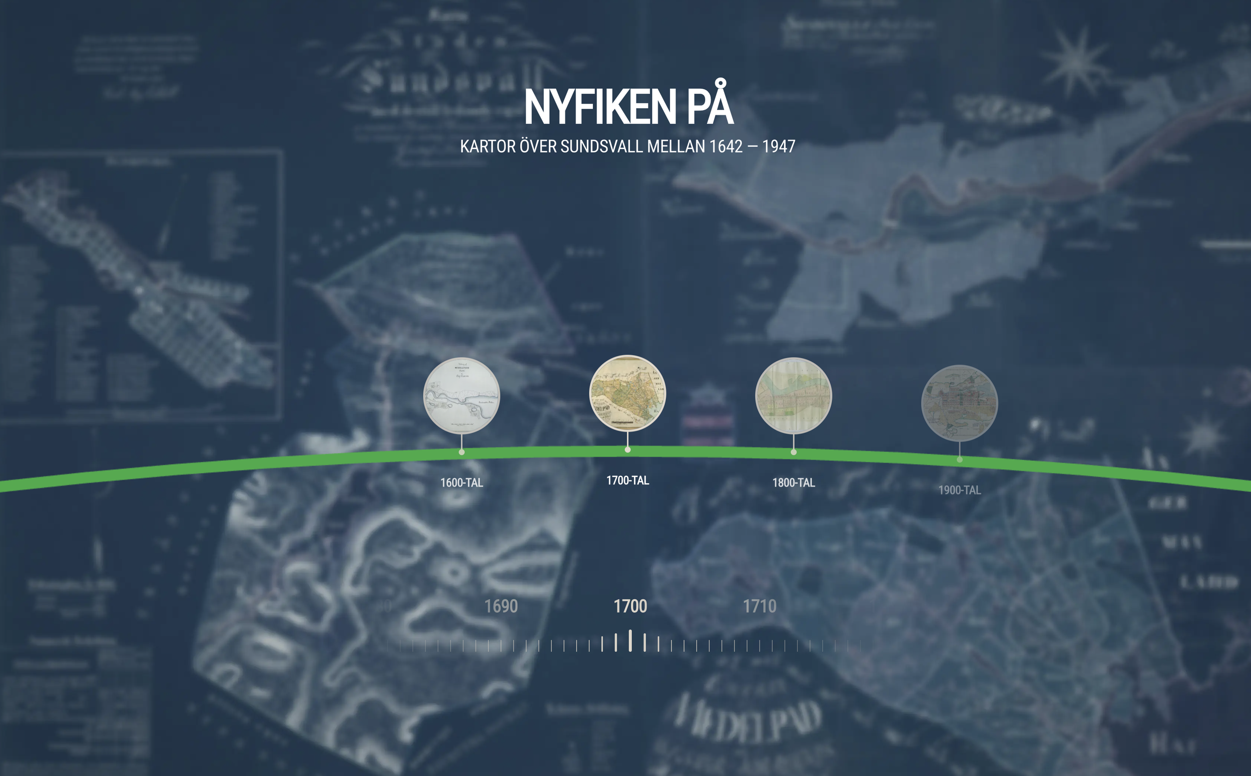 Historical map timeline of Sundsvall, Sweden, from 1642 to 1947, showing map changes over the centuries.