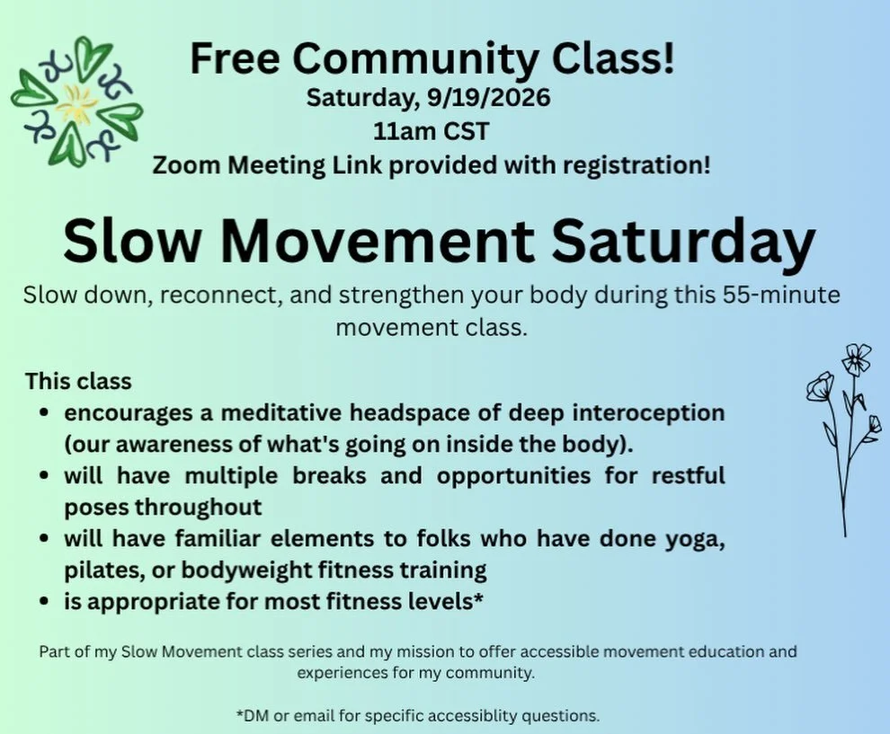I&rsquo;m offering a free class this weekend at 11am CST! 
55-minute slow movement class for relaxing and strengthening the body.

This class is part of my Slow Movement class series and my mission to offer accessible movement education and experienc