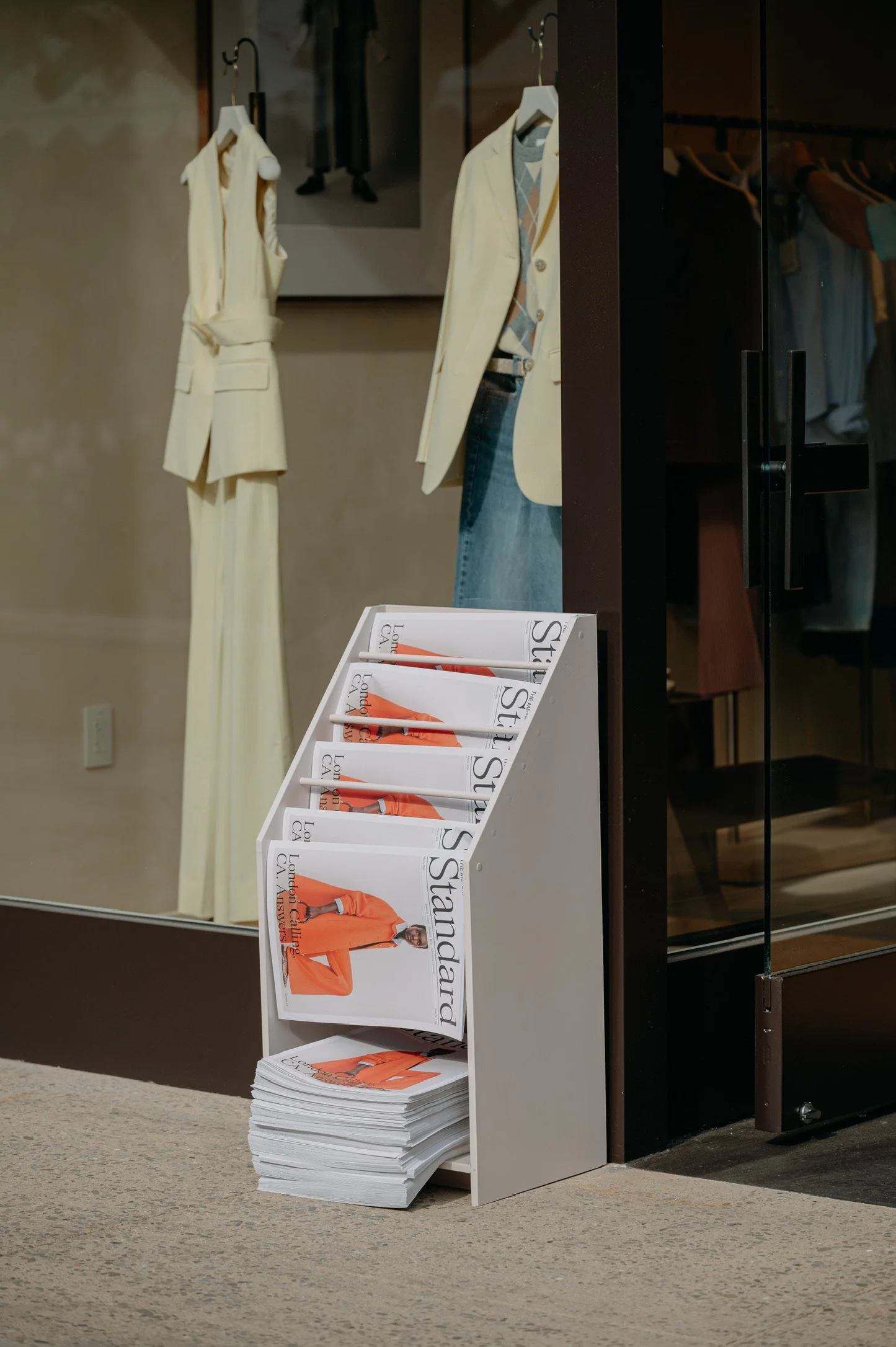 ME+EM custom magazine rack built for California store opening brand activation Palo Alto