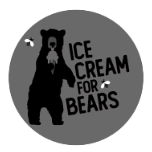 A graphic of a bear holding an ice cream cone with the text 'Ice Cream for Bears' and small bees around.