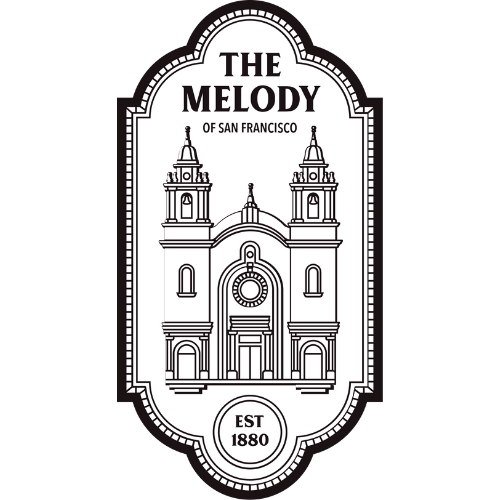 Stylized black and white logo featuring an illustration of a historic church or building with two towers, text reading "The Melody of San Francisco," and an inscription "EST 1880."