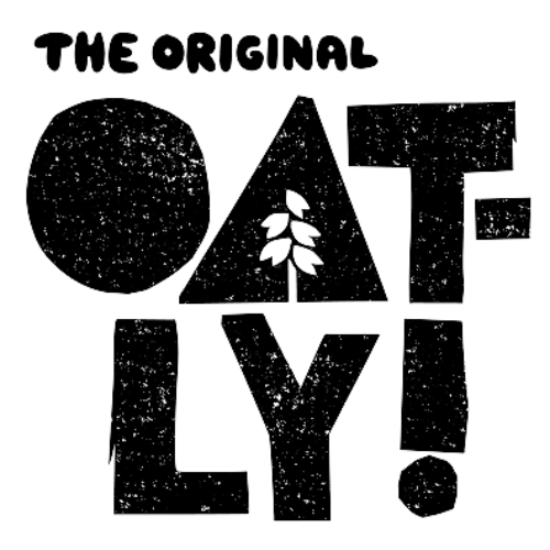 Text design with the phrase 'The Original Oat LAY!' featuring bold and outlined letters, with a small stylized leaf graphic in the middle.