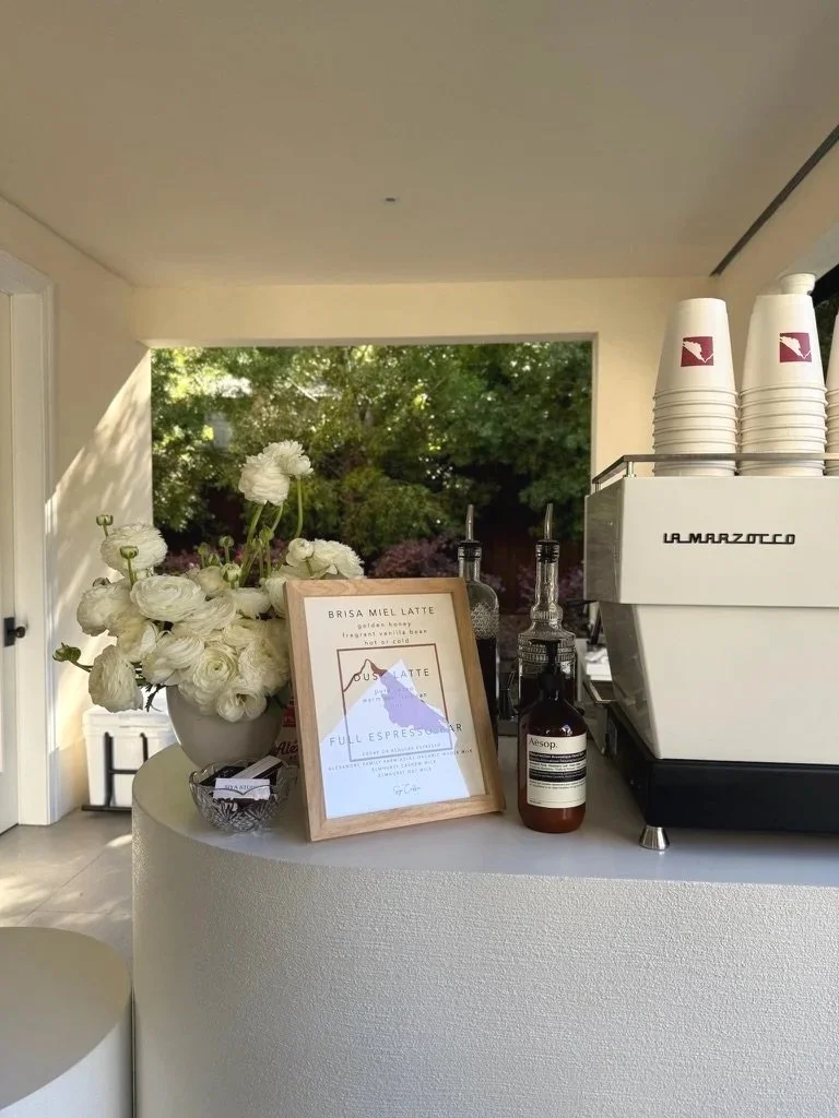 Siya Studio espresso bar with La Marzocco machine custom menu and florals for private Eid celebration hosted by K1 Investment Atherton California
