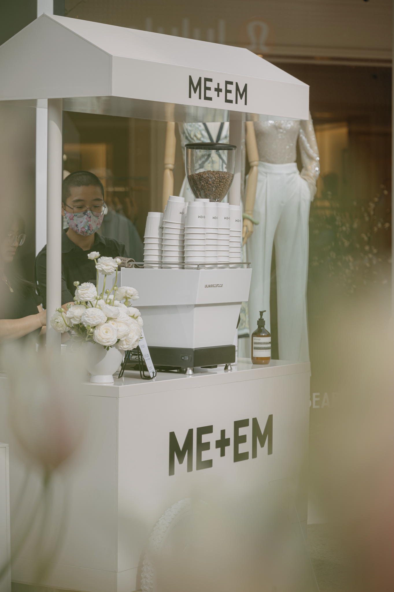 Siya Studio custom espresso bar and canopy cart for ME+EM store opening Palo Alto California