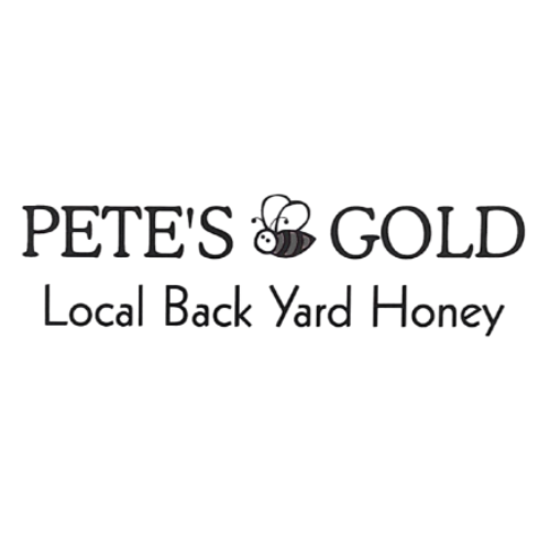 Logo for Pets & Gold, a local backyard honey business, with purple and black text.