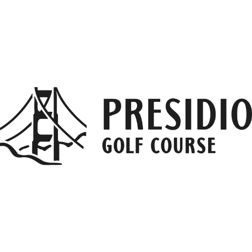 The logo of Presidio Golf Course featuring a stylized bridge over a golf ball with the course name beside it.