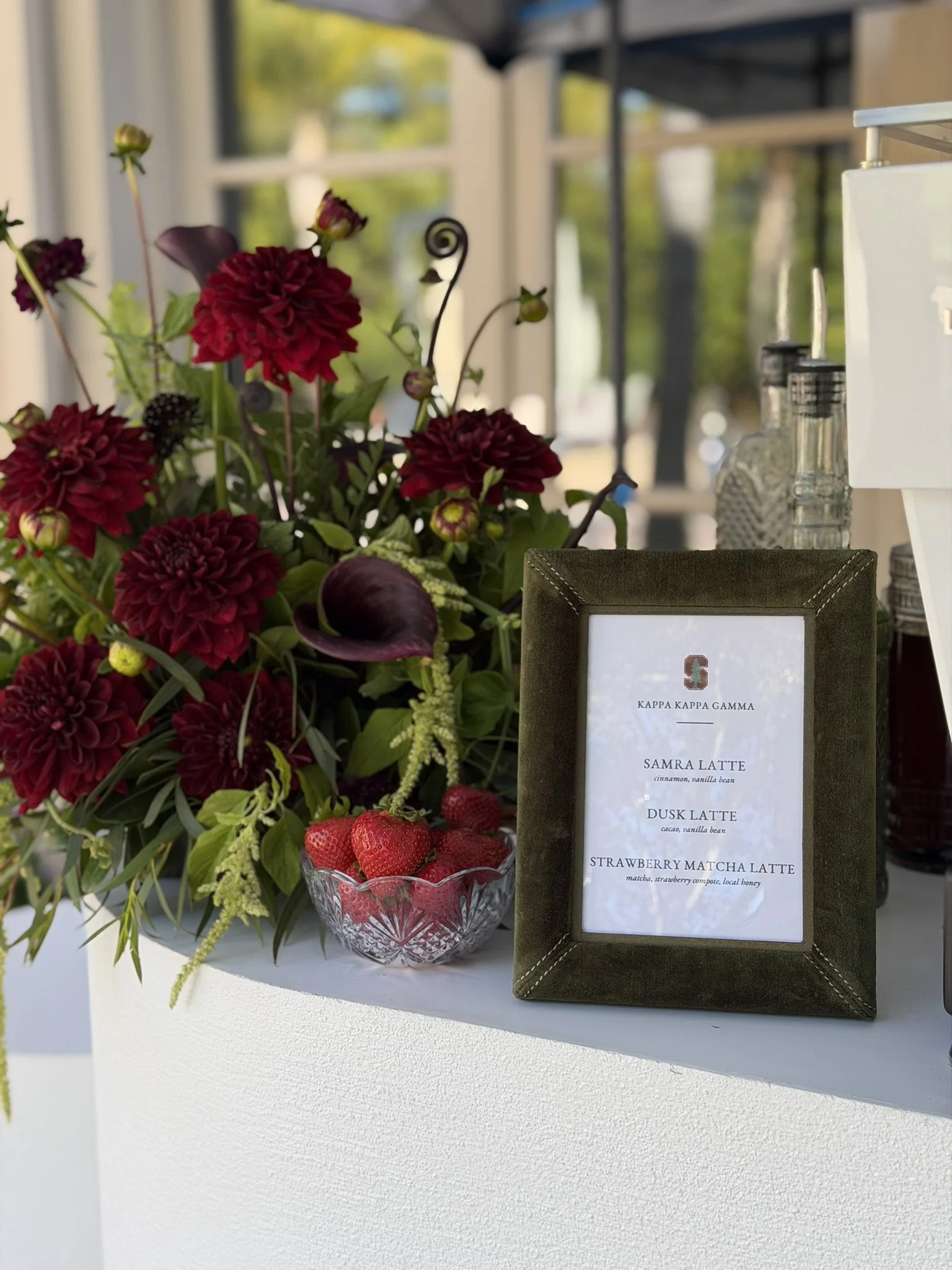 Custom Stanford themed drink menu with florals for Kappa Kappa Gamma sorority yoga event private home Atherton California