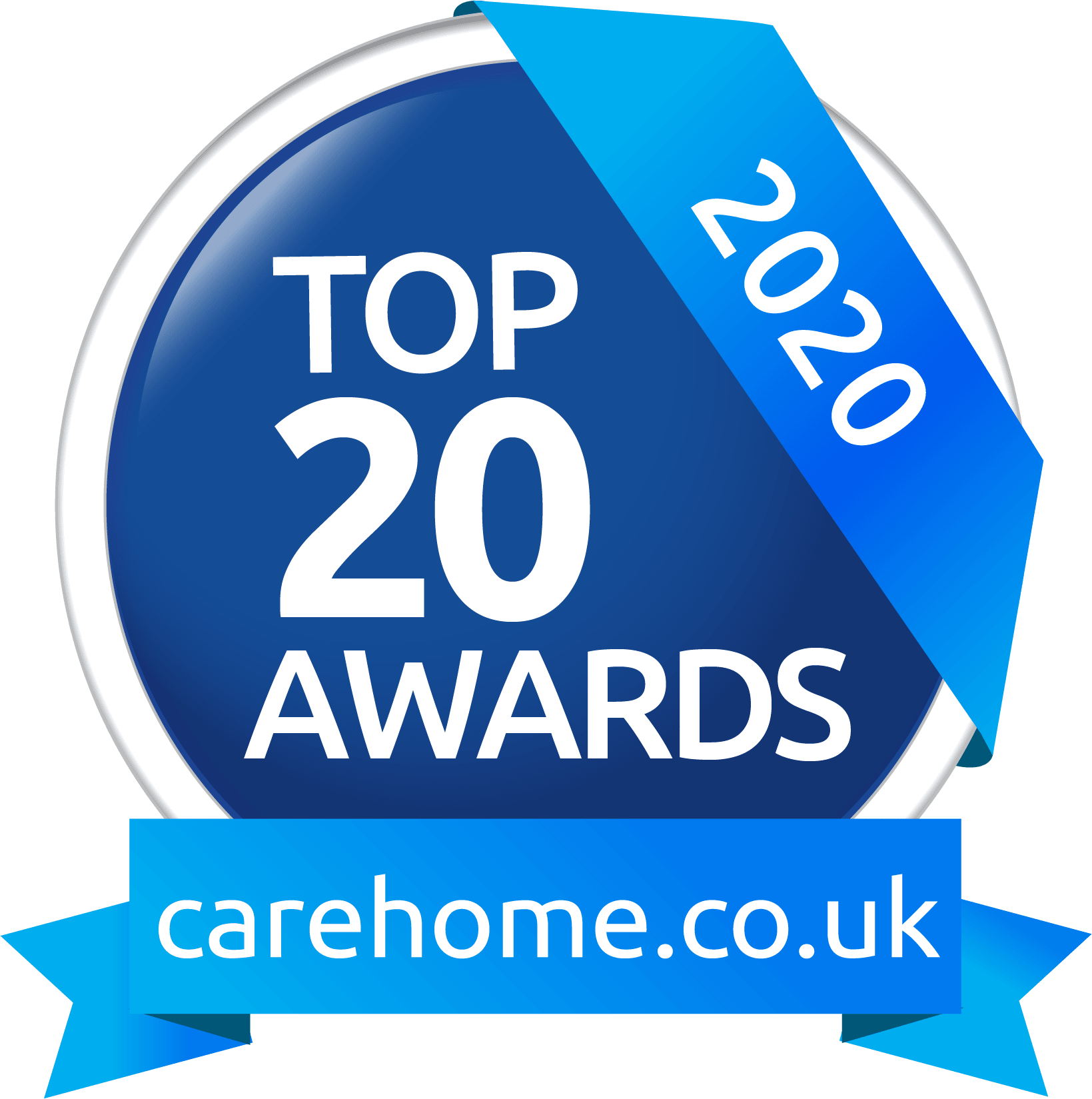 A blue circular badge with a silver rim that reads 'Top 20 Awards 2020' in white text. A blue ribbon at the bottom displays the website 'carehome.co.uk' in white text.