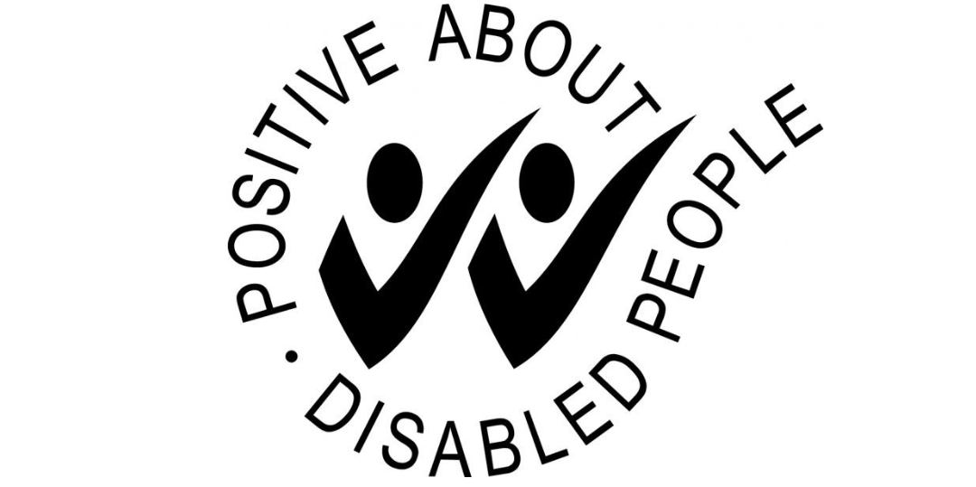 Logo with two abstract human figures with raised arms, surrounded by the text 'Positive About Disabled People'.