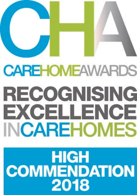 Care Home Awards logo with text recognizing excellence in care homes, high commendation 2018.