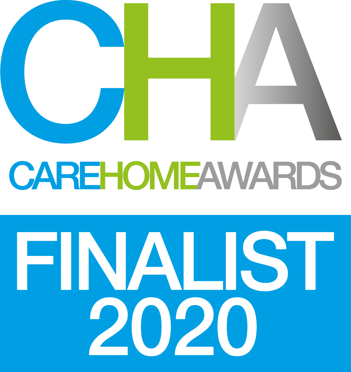 Logo for CARE Home Awards 2020, featuring the text 'FINALIST 2020' in white on a blue background.