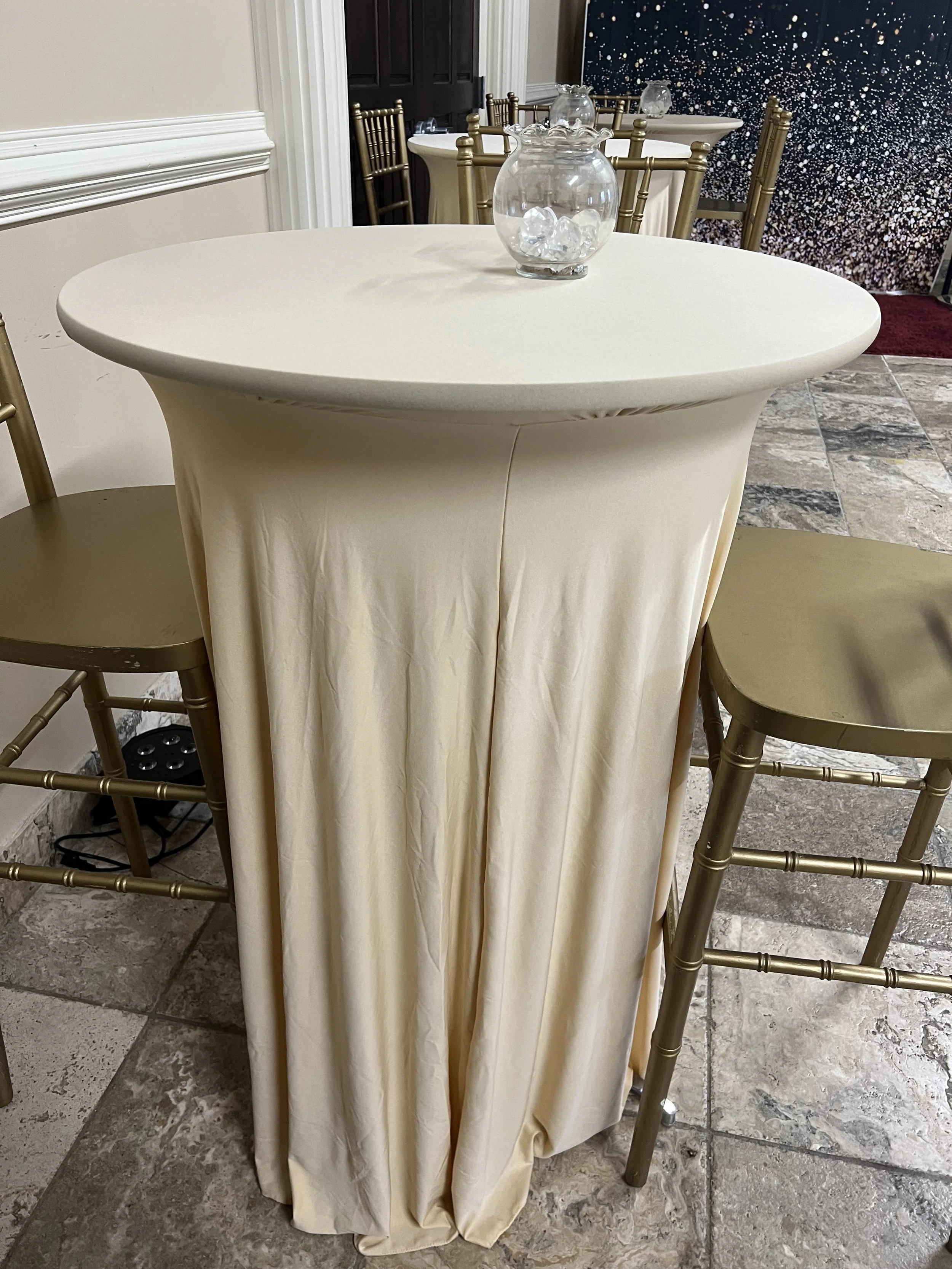 Elegant Hi-boy Event Table with Cream Tablecloth