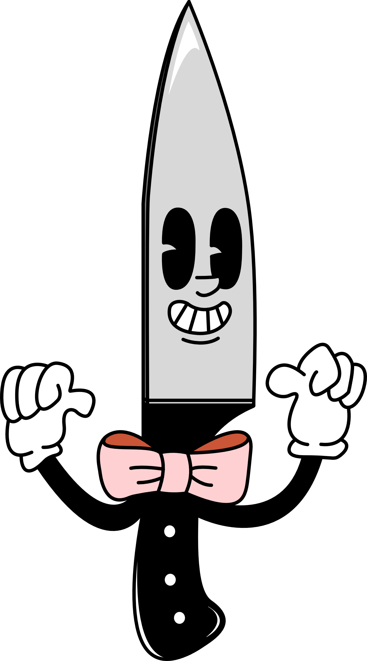A cartoon character with a giant knife as the head, wearing a tuxedo with a pink bow tie, and white gloves, smiling and pointing with both hands.