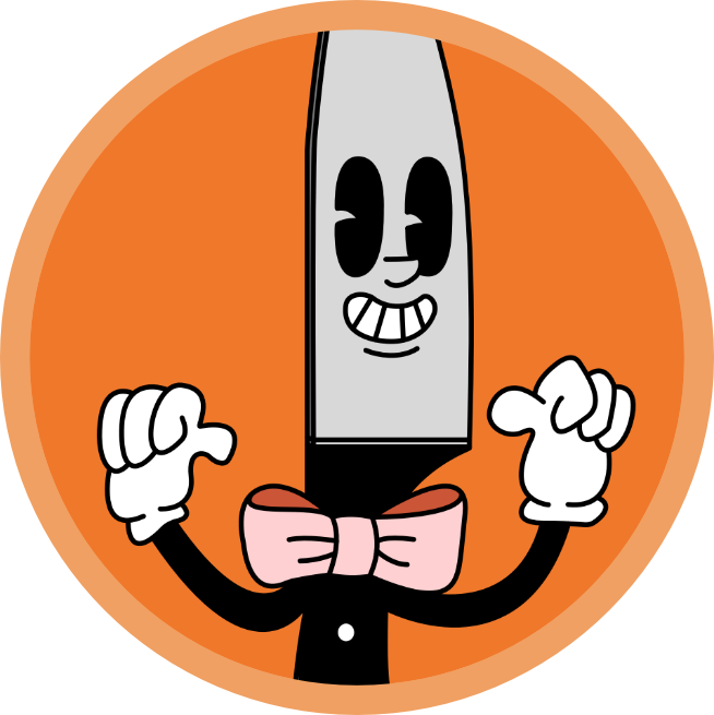 Cartoon character with a pencil head, smiling, wearing a bow tie and white gloves, pointing with both hands, set against an orange background.