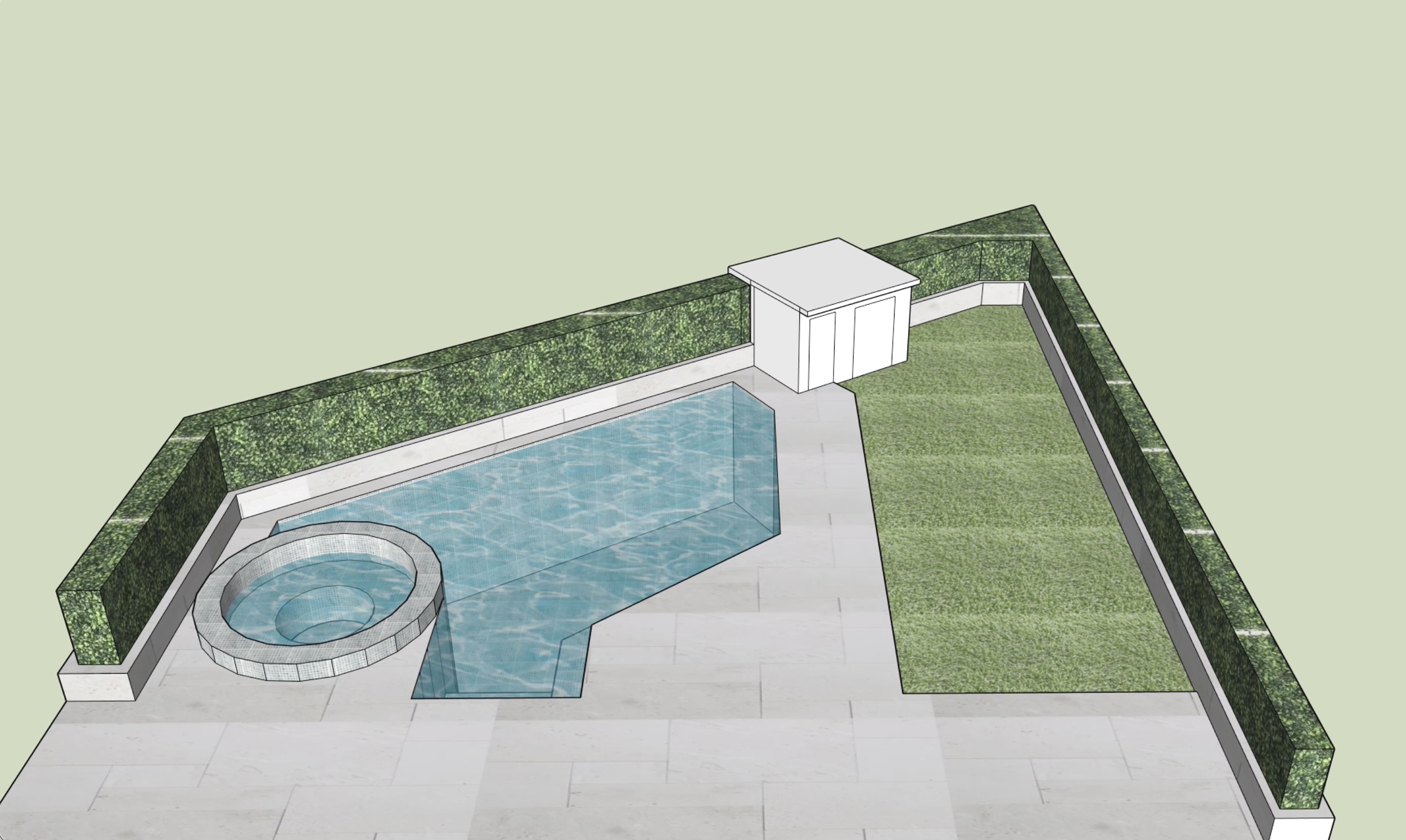 Digital rendering of a backyard pool area with a hot tub, surrounded by a green stone fence and a grassy lawn.