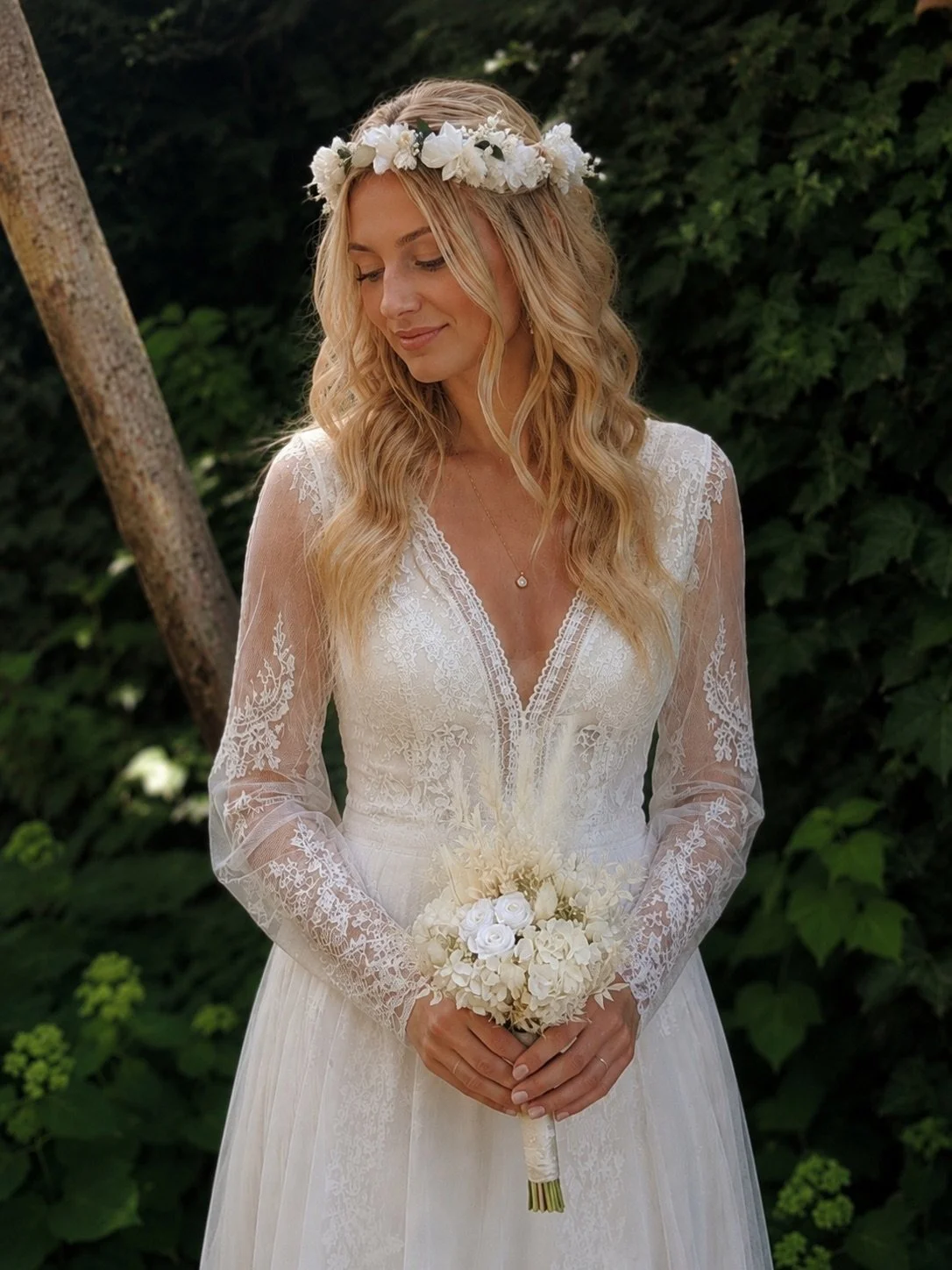 Bouquet de mariée en fleurs séchées et stabilisées blanches, réalisé artisanalement dans un esprit bohème chic et romantique. Cette création florale associe hortensias stabilisés, roses éternelles ornées de perles, arums délicats, feuillages blanchis