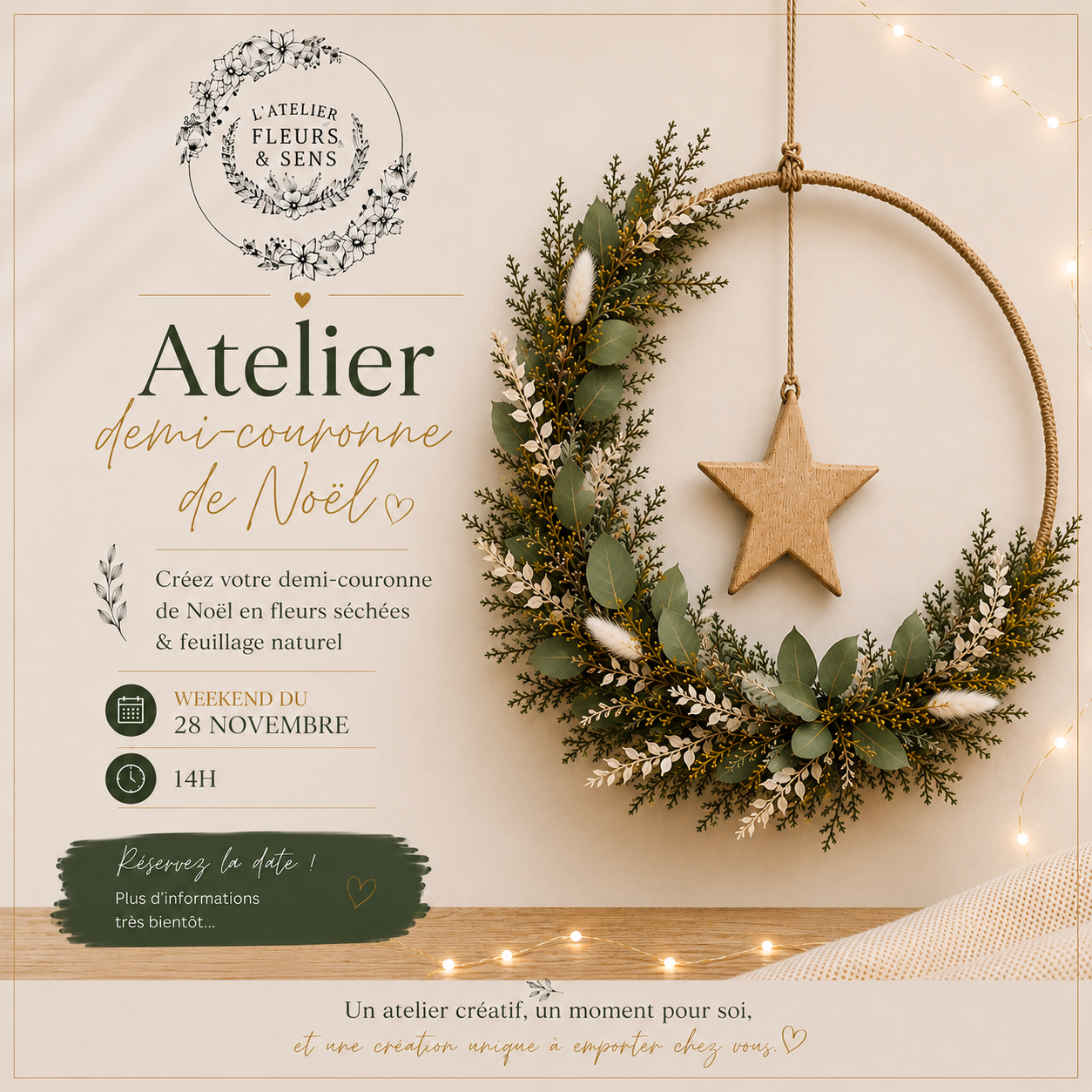 Affiche promotionnelle pour un atelier de création d'une demi-couronne de Noël avec des fleurs séchées et du feuillage naturel. L'image montre une couronne de Noël décorée de feuillage vert et blanc, avec une étoile en bois suspendue au centre. L'événement se déroulera le 28 novembre à 14h.