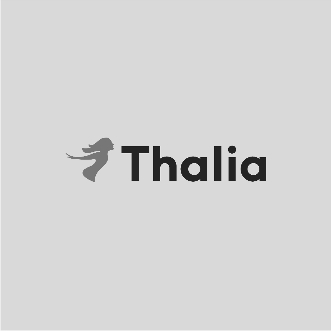 Logo mit einem stilisierten Frauenprofil und dem Text 'Thalia' auf grau hinterlegtem Hintergrund.