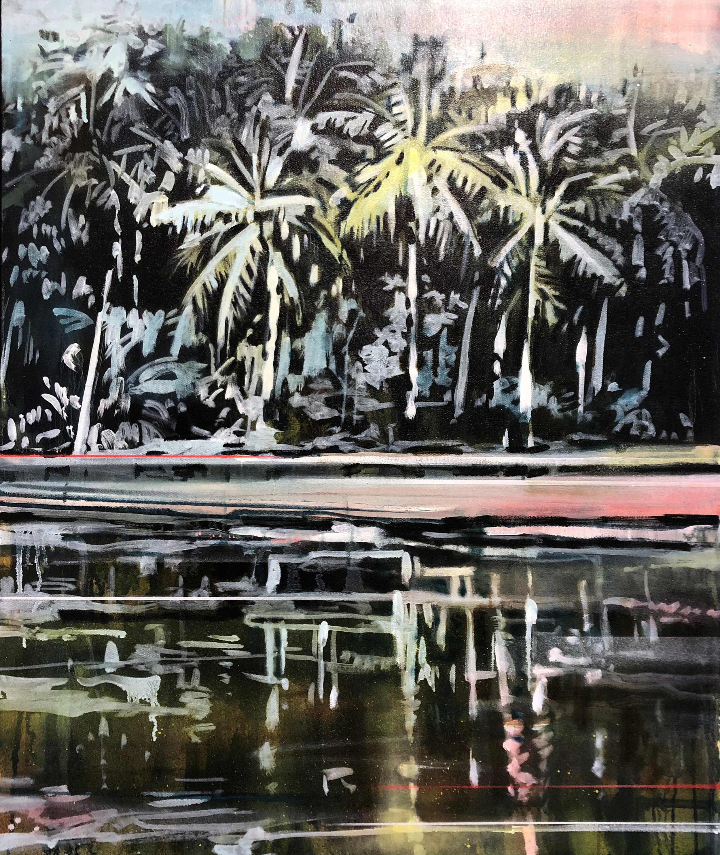 Painting of tropical palm trees reflected on a body of water, with an abstract background.