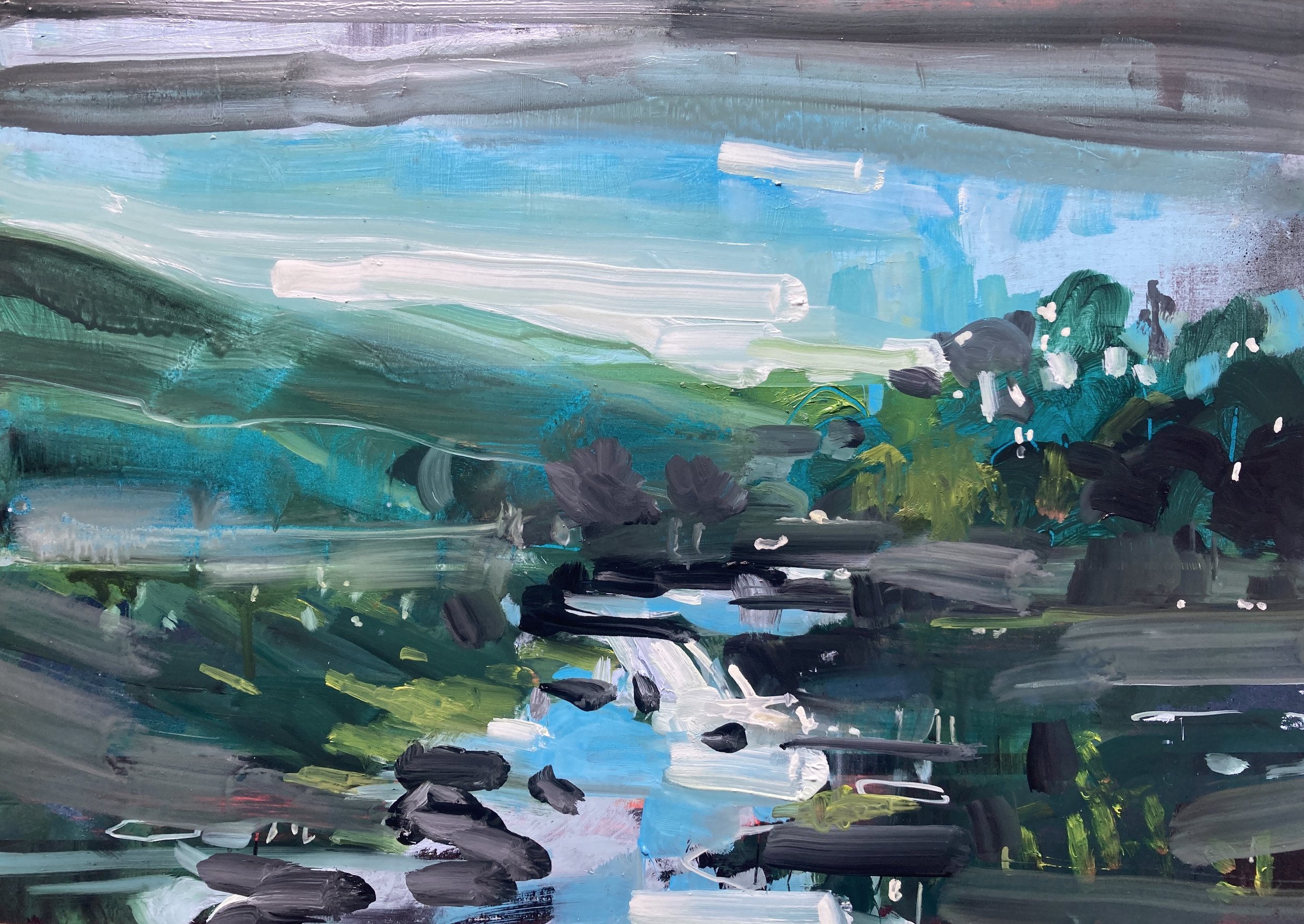 An abstract landscape painting featuring a flowing river with white water, surrounded by green trees and hills under a blue sky with clouds, all rendered with broad, expressive brushstrokes.
