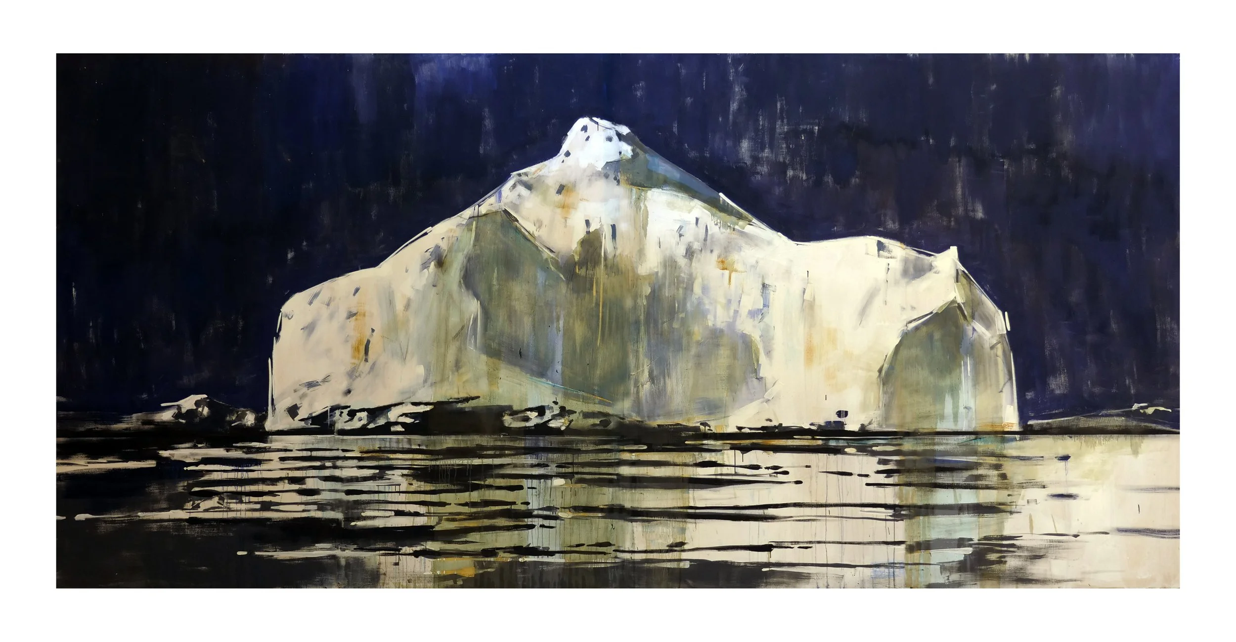 Abstract painting of a large snow-capped iceberg floating in dark water with a dark night sky