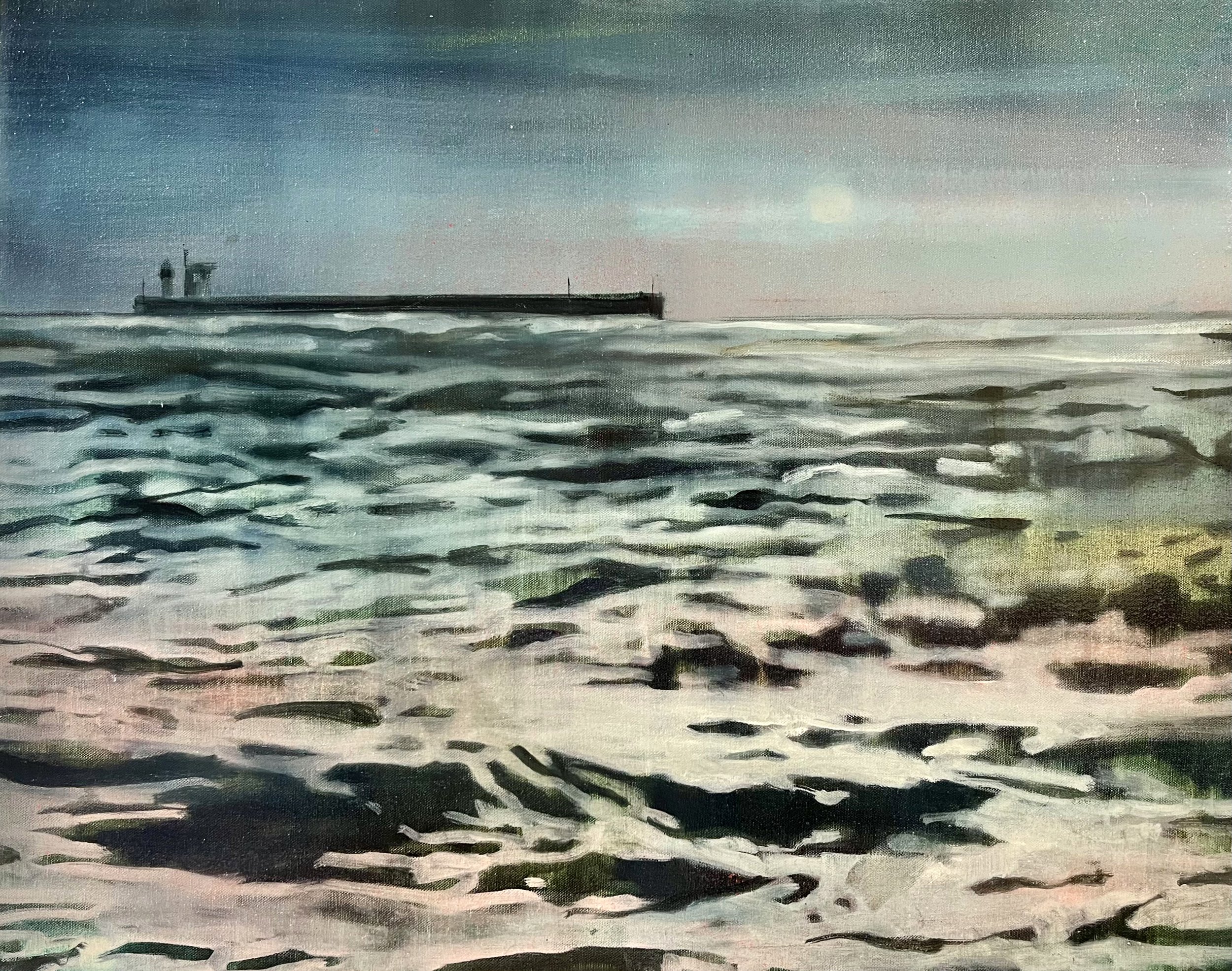 Painting of a seascape with a pier on the horizon, calm water, and rocks in the foreground, under a pastel sky.