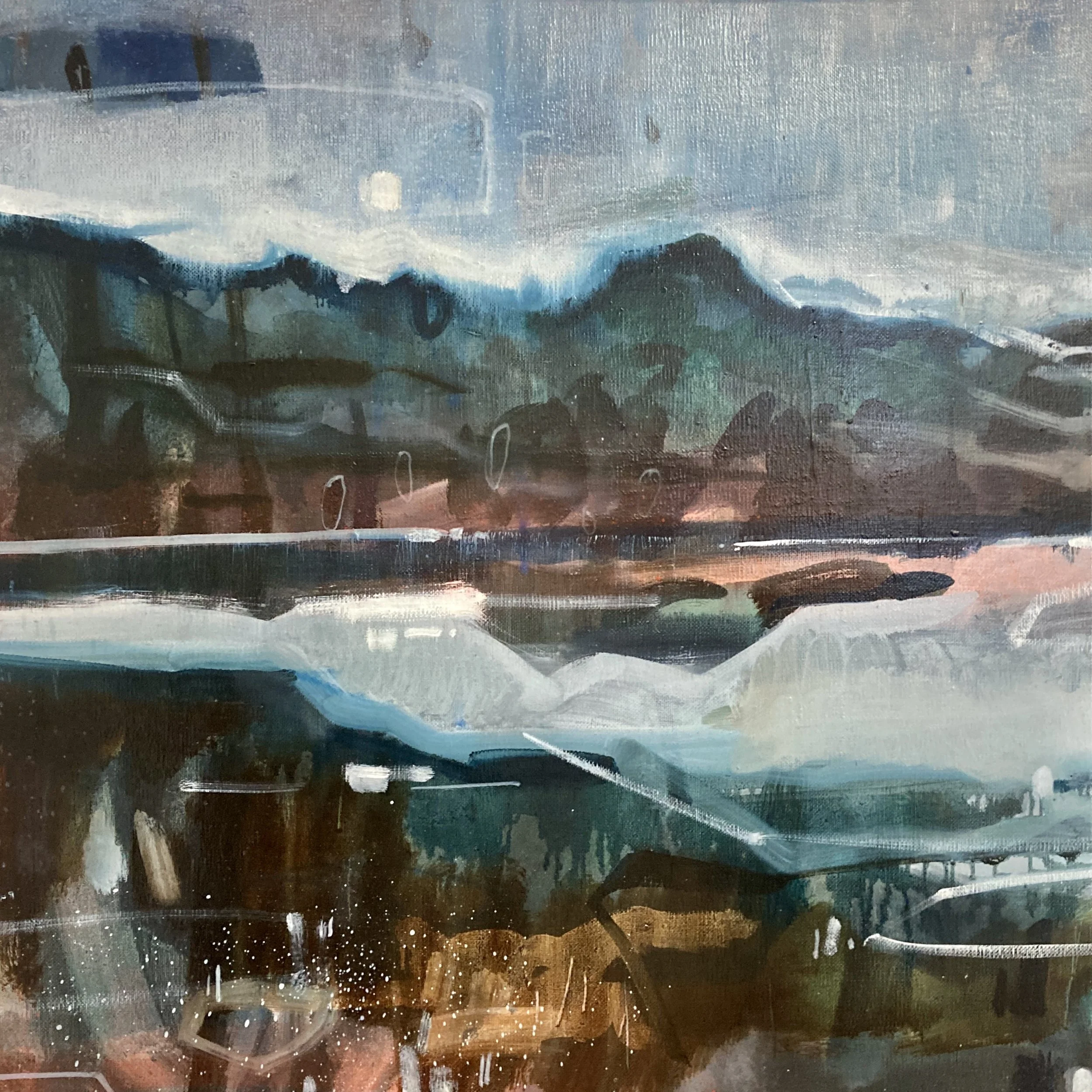 An abstract painting depicting a landscape with mountains, water, and sky using dark greens, blues, browns, and white brushstrokes.