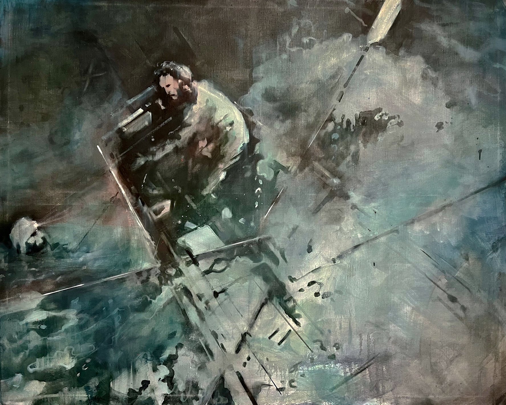 An artistic painting of a spaceship in space with a figure inside, depicted with abstract brushstrokes and dark tones.