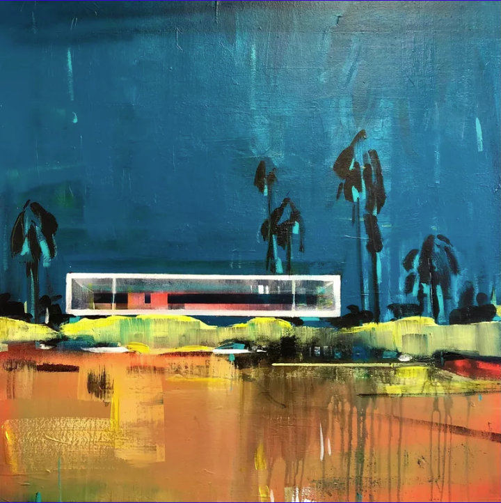 Abstract painting of a landscape with dark blue sky, black palm trees, and a white horizontal structure, with yellow and brown ground and hints of green.