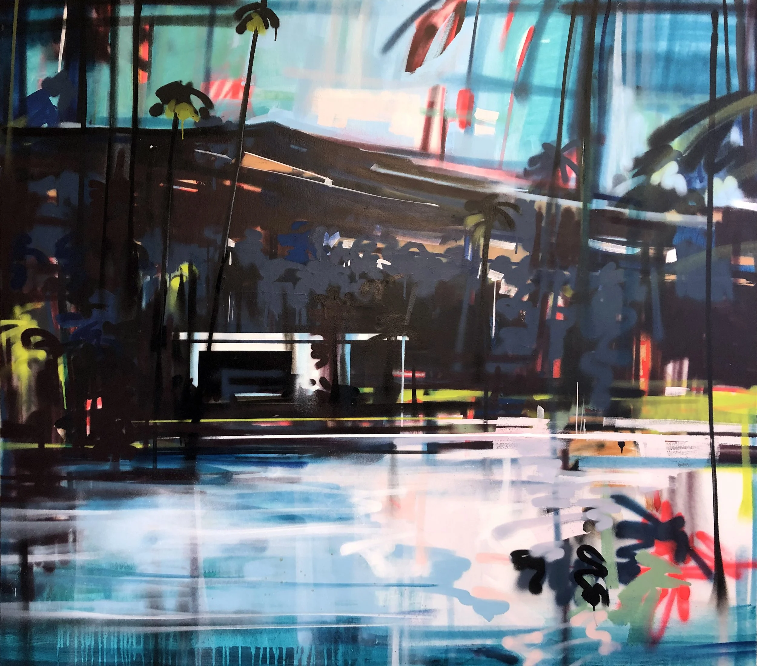 Abstract painting with dark tones, splashes of bright colors, and lines suggesting a cityscape reflected on water.