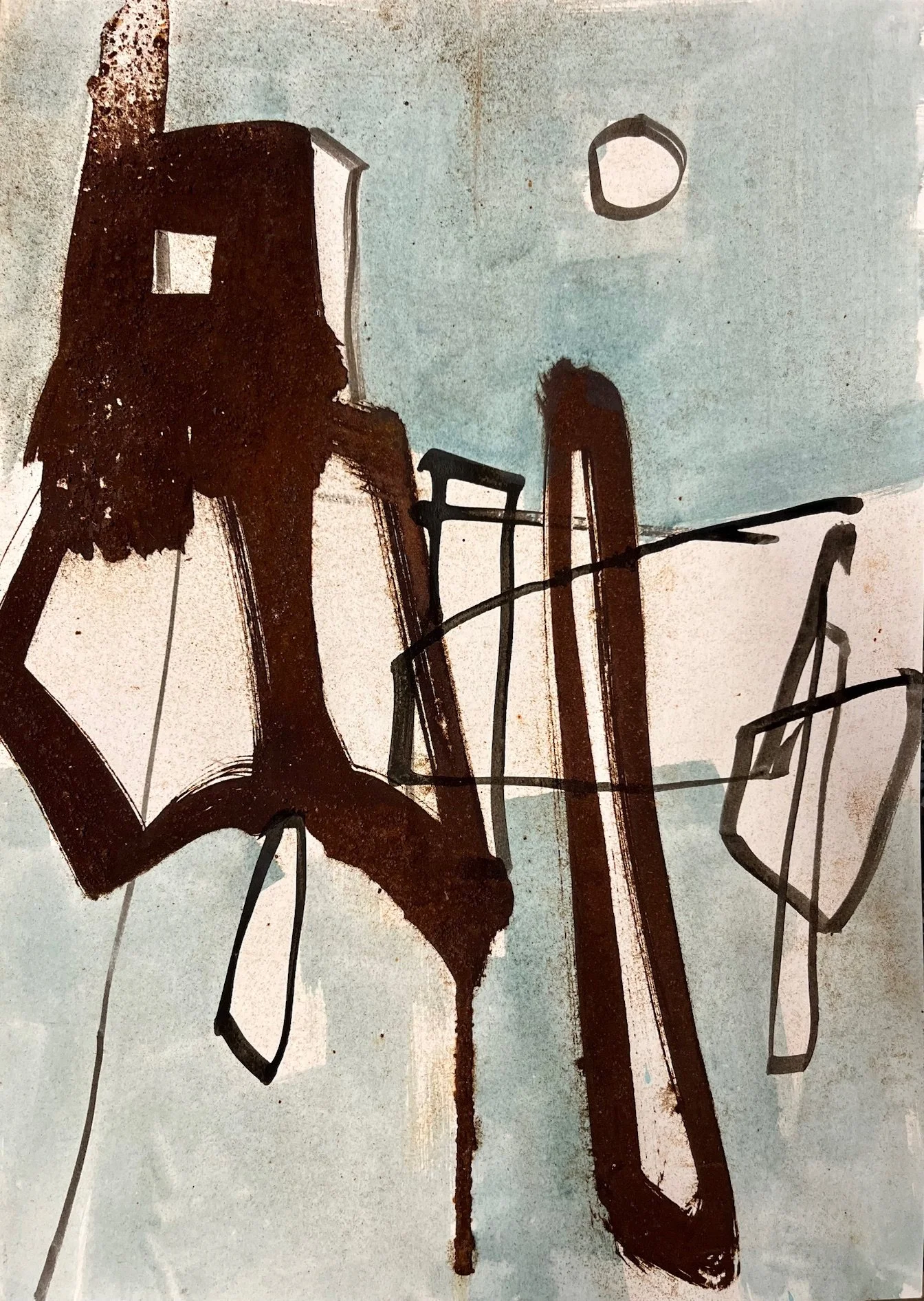 Abstract artwork with dark brown, black, and white shapes on a light background, featuring angular and irregular forms with a blueish area at the top.