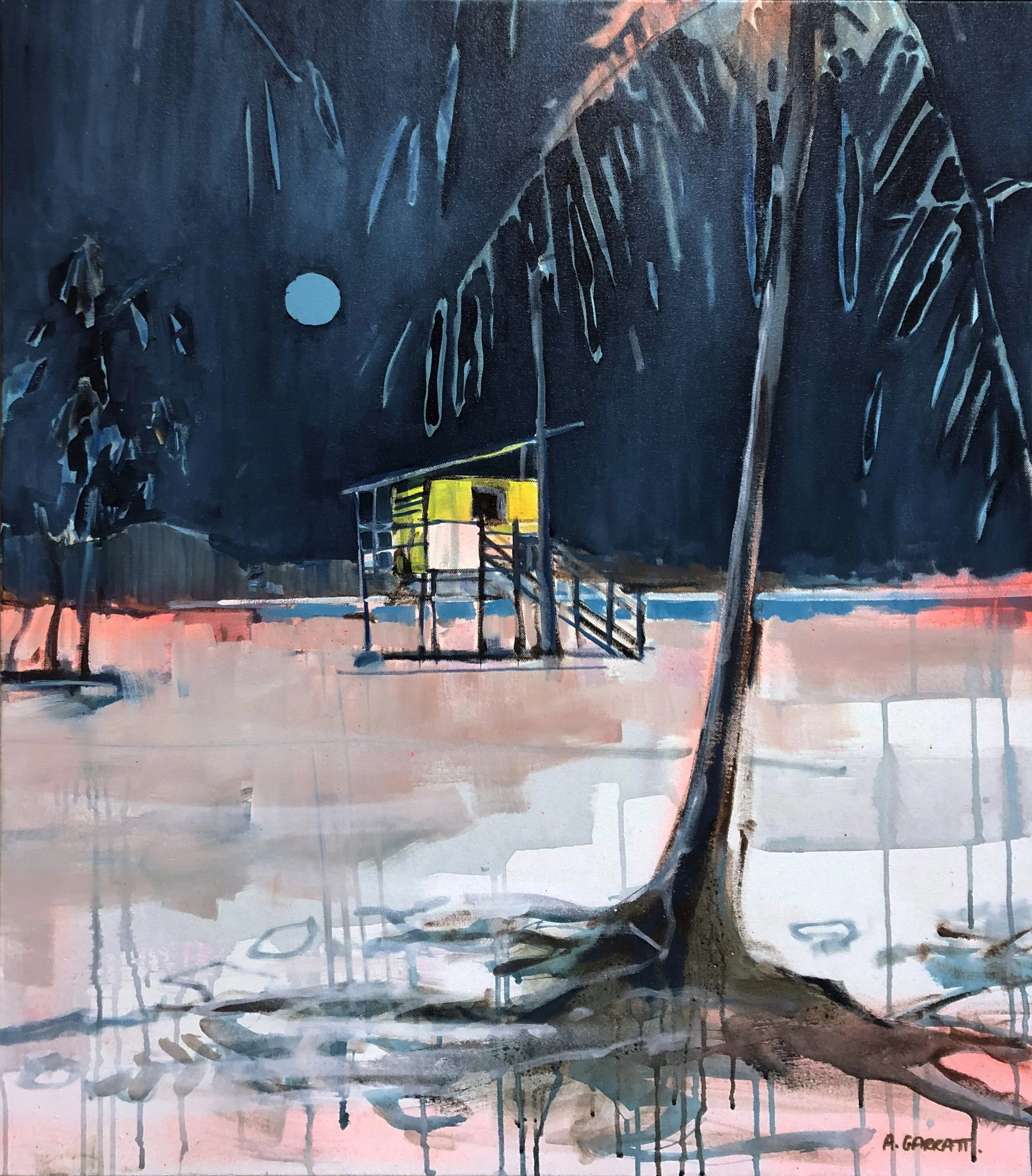 A painting depicting a night scene with a full moon, a palm tree, and a small illuminated structure on a pink and gray landscape.