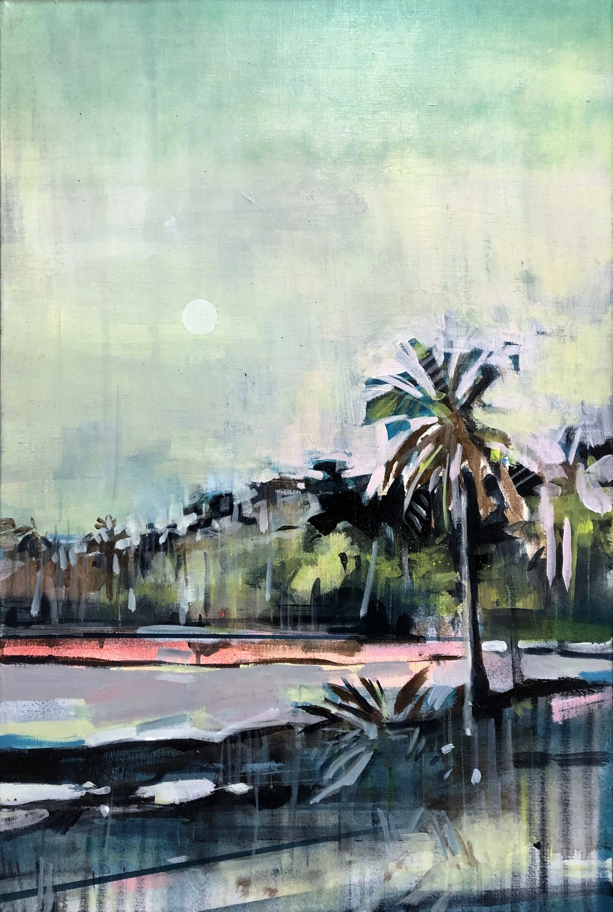 An impressionist-style painting of a tropical landscape with a single palm tree near water, a sky with a pale sun, and distant trees.