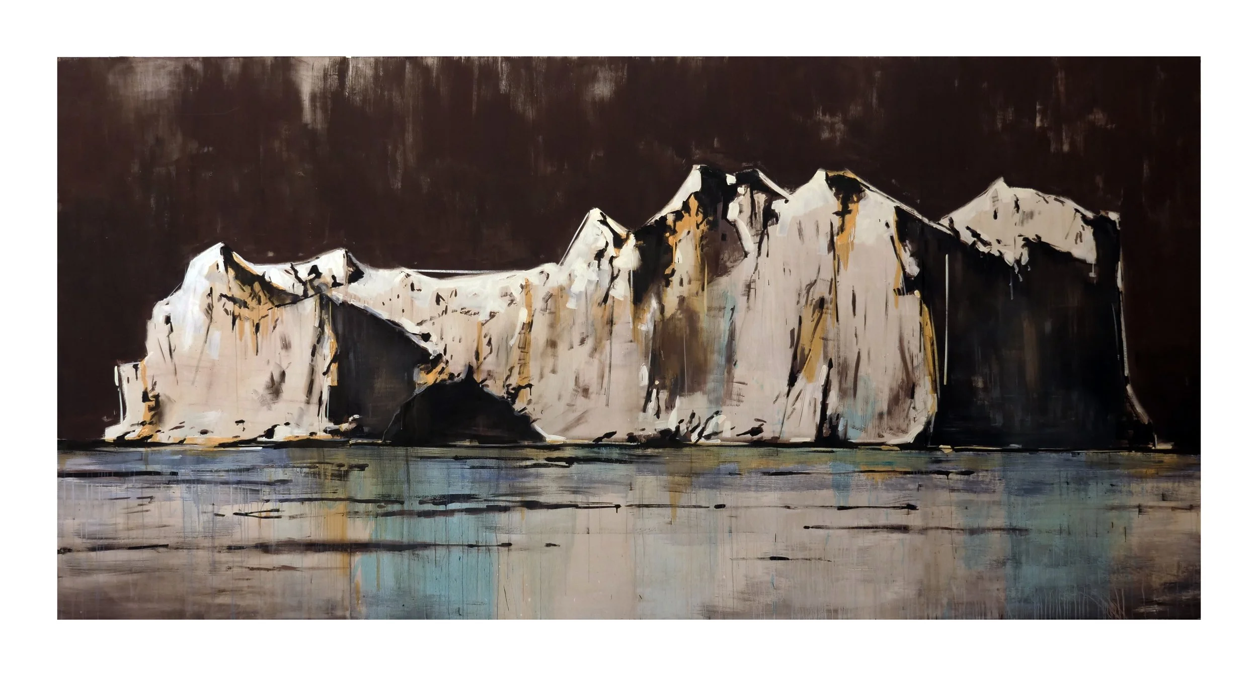 An abstract landscape painting of white and black cliffs along a water body with a dark sky.