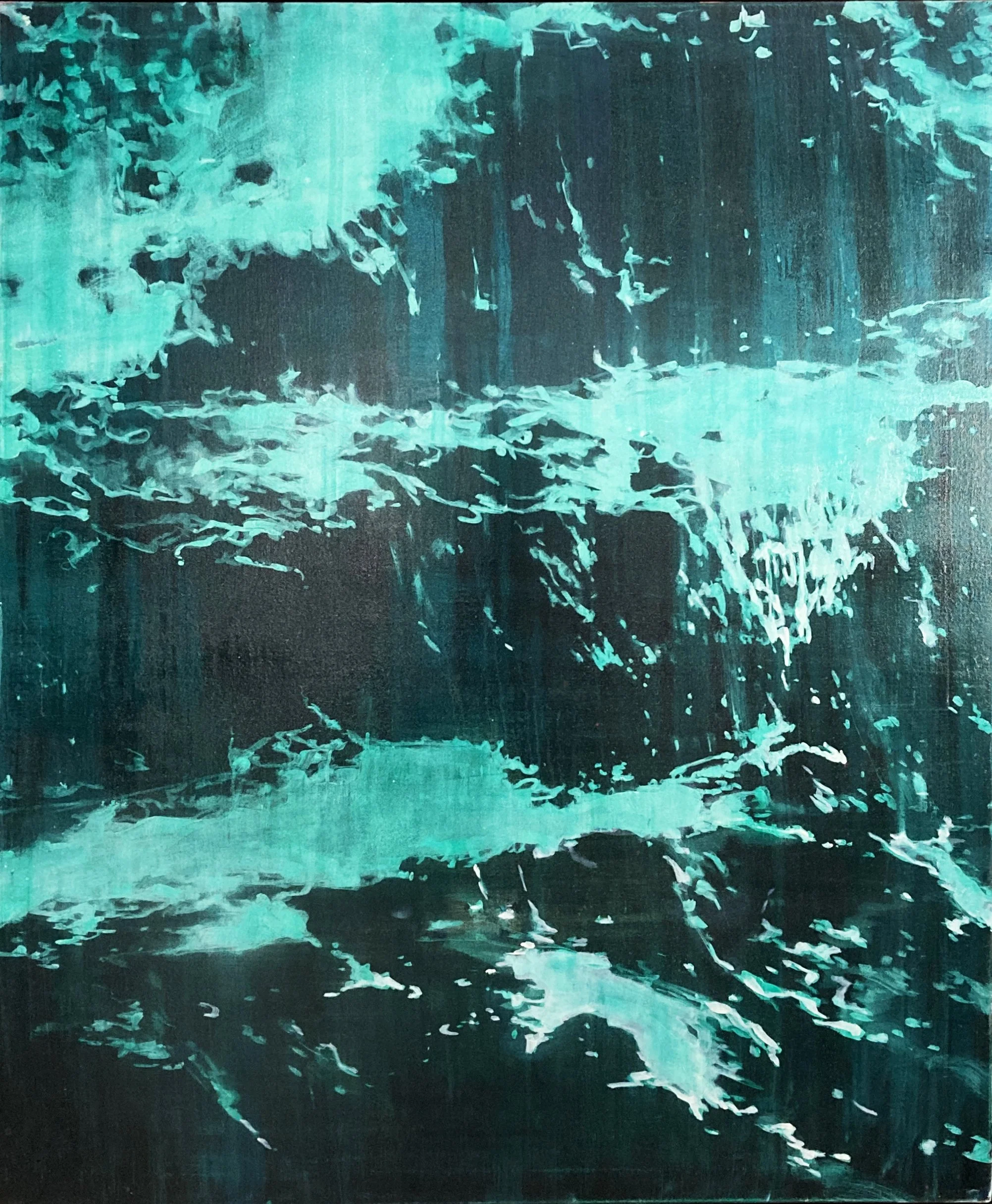 Abstract painting with teal and dark blue colors, featuring dynamic brushstrokes and textured layers.