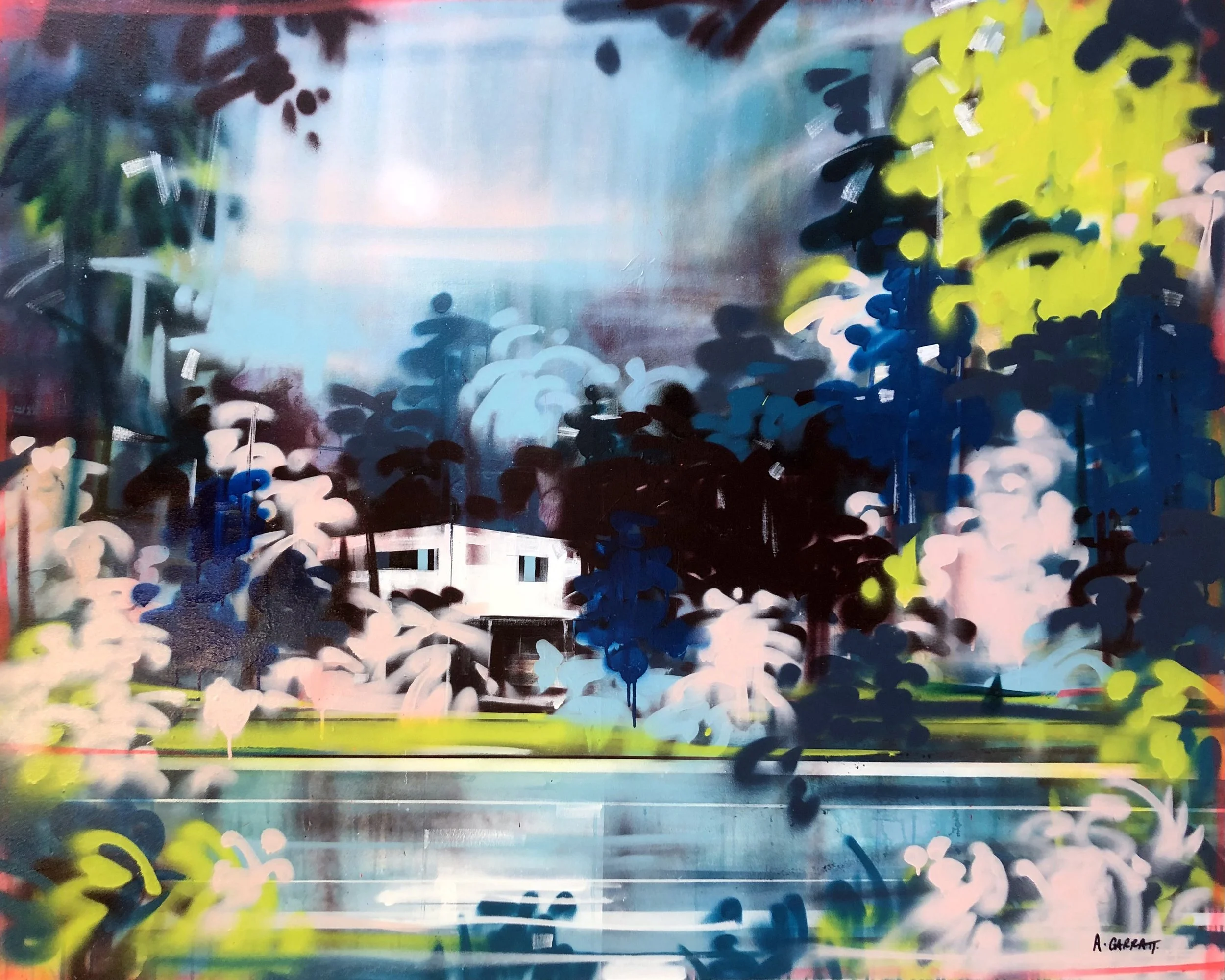 Abstract painting of a house surrounded by trees with vibrant colors and overlapping brushstrokes.