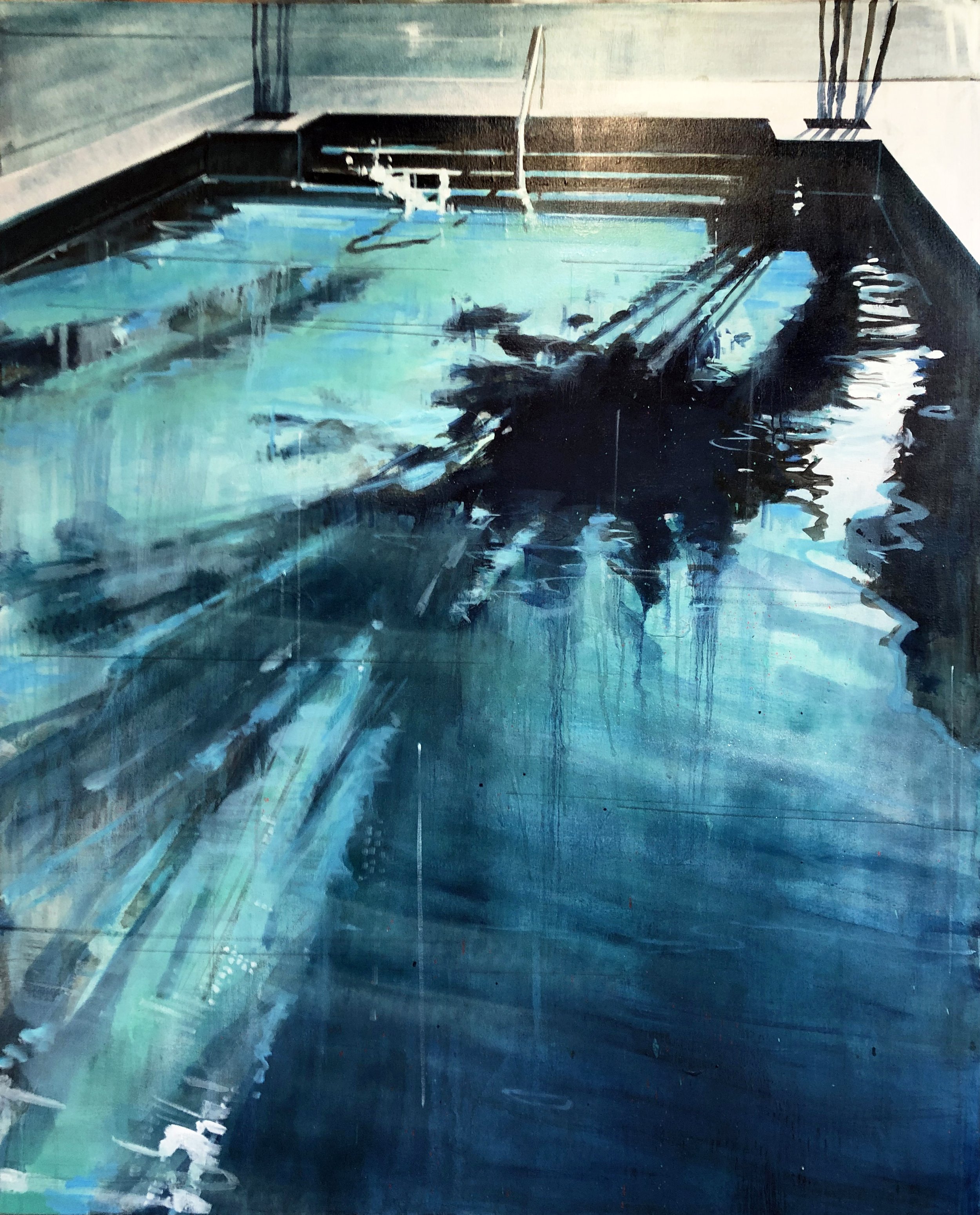 An abstract painting of a swimming pool with blue and black tones, reflections on the water, and a pool side at the background.