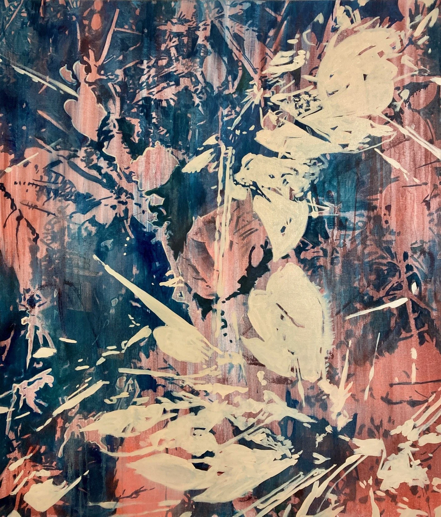 Abstract painting with a combination of dark blue, light pink, and cream colors, depicting foliage and plant shapes in an expressive, layered style.