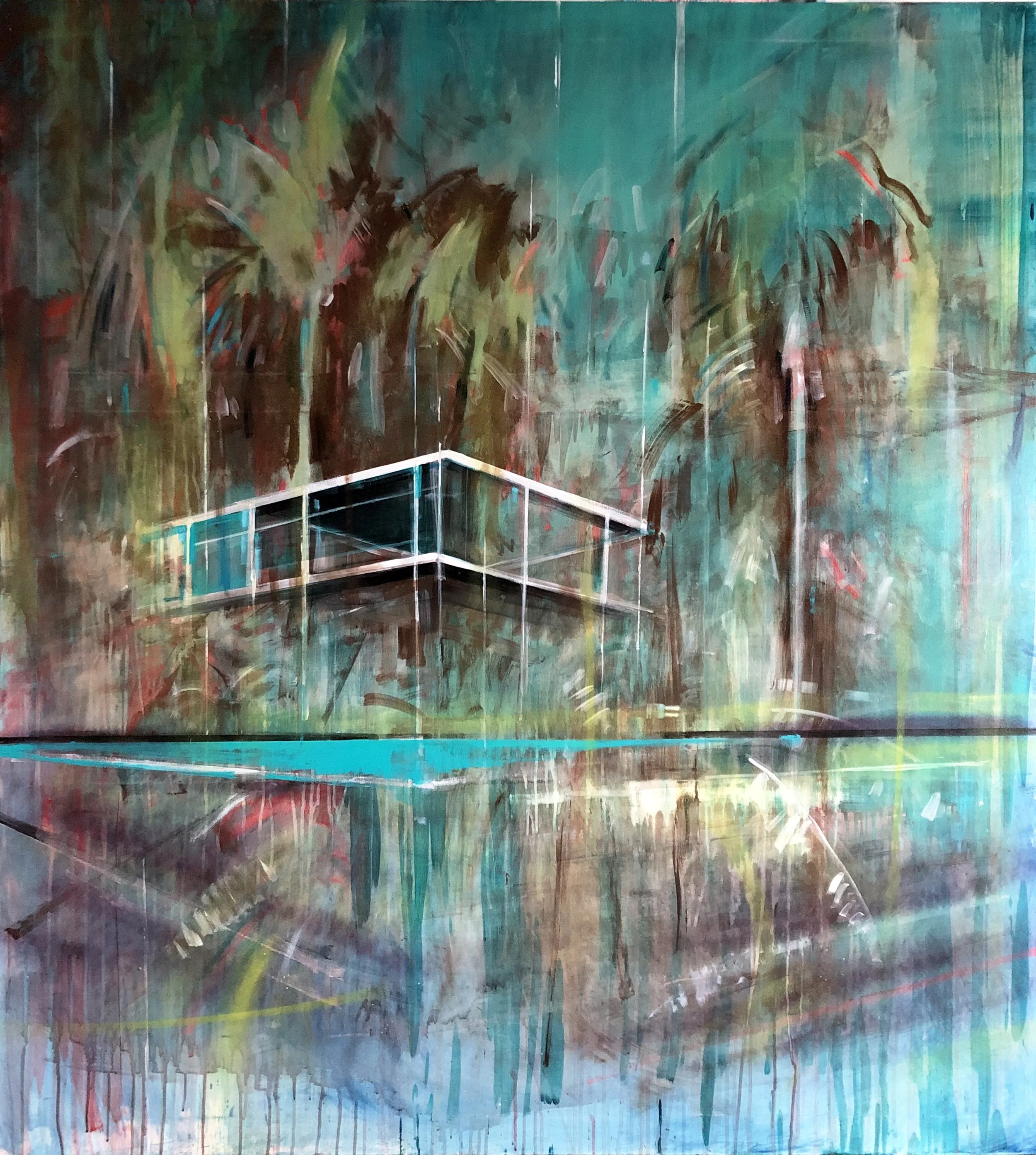 An abstract painting featuring a modern structure with white railings hovering over a vibrant, colorful background with brushstrokes resembling trees and water.